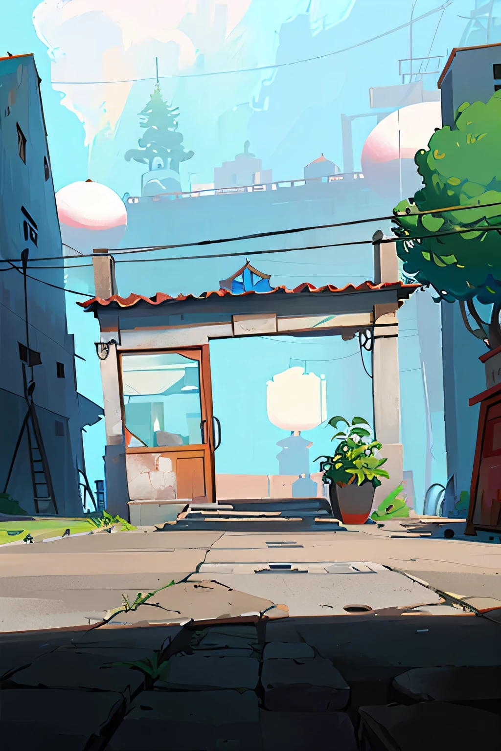 there  a cartoon picture of a building with a tree on the roof, maya, inspired by Goro Fujita, stylized digital illustration, background art, storefront, videogame still, maya render, concept art for a video game, inspired by Emiliano Ponzi, 2 d illustration, 2d illustration, random background scene