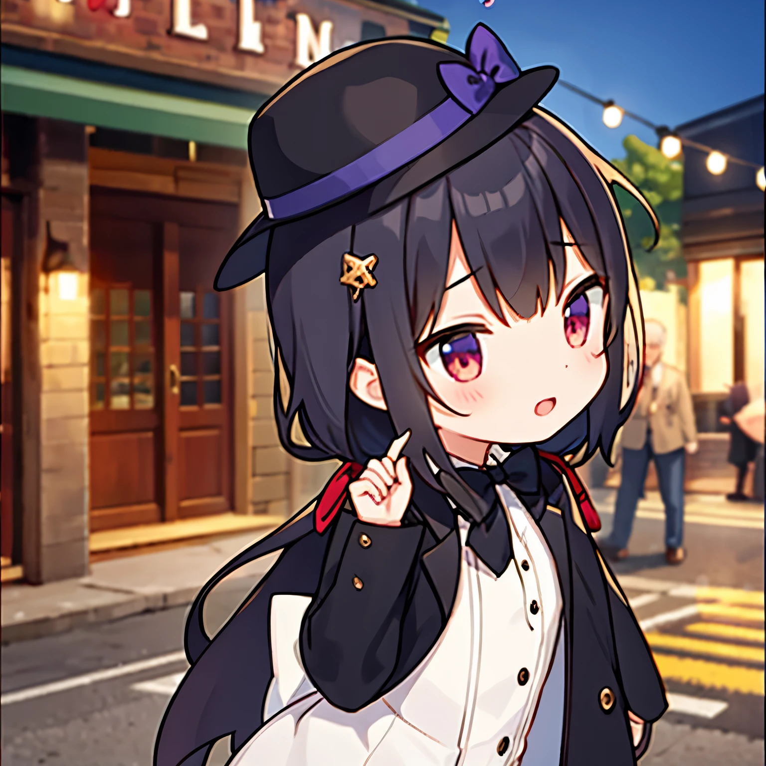 Girl doing magic on the street、Tuxedo、silk hat、Stronger blur