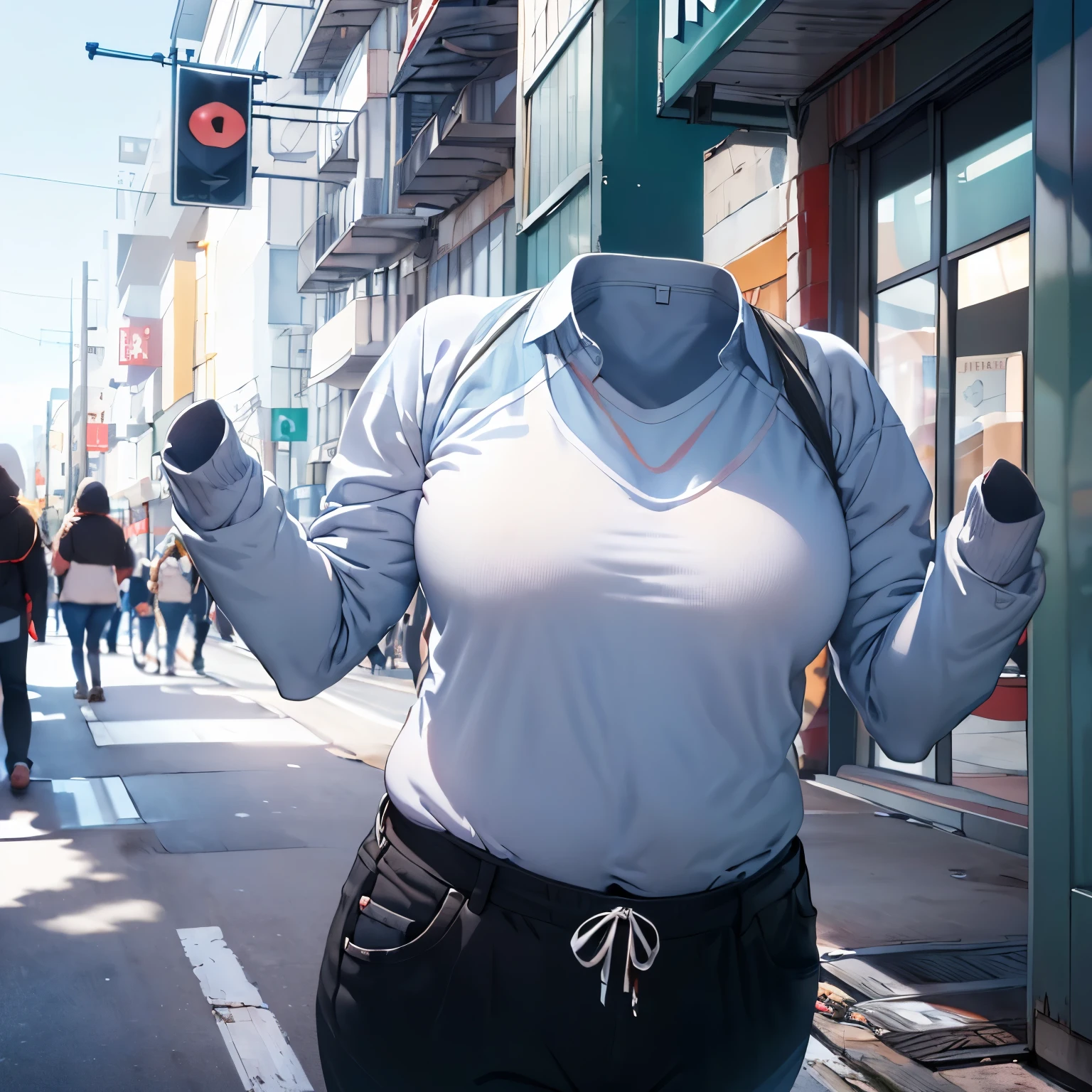 absurdres, highres, ultra detailed, sweater and short pants, cute big breasts, (invisible, no human, headless, handless:1.5), chubby, (close up to breasts), cute pose