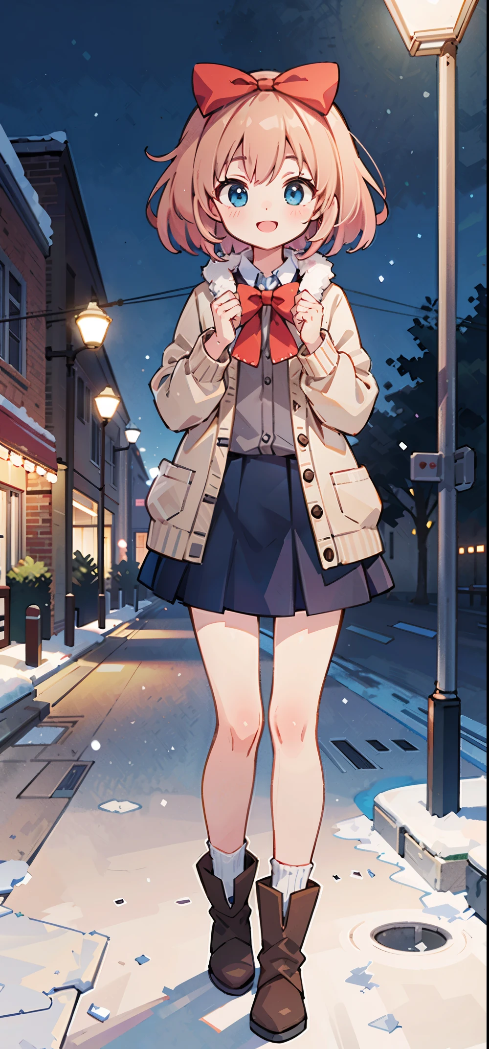 (masterpiece:1.2), best quality, highres, original, (extremely detailed:1.2), ultra-detailed, wallpaper, perfect lighting,(extremely detailed CG:1.2), 8k, anime illustration, 1girl, solo, smiling, (winter outfit:1.2), standing on the street, (knit cardigan:1.1), (bowknot on cardigan:1.25), knee-length skirt, (Ruffled hemline:1.3), winter boots, {delicate|detailed}clothes, (anatomically correct:1.34), close-up, full-body, looking at viewer, frontal, snowy street, (streetlight:1.17), city background, night, unity 4k
