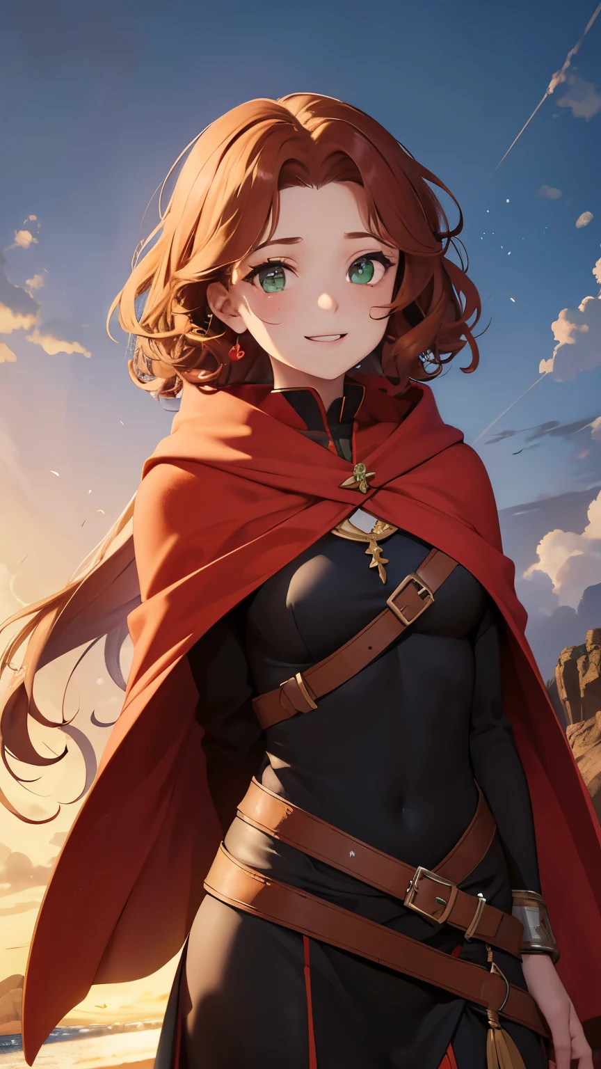 a girl with light yellowish green eyes, red and curly hair, a strand of shai hair on the left side of her face, showing her forehead, freckles on her face. She wears a red cloak, and dark clothing underneath. She has transcended, and has the power of Luck, which makes good things happen to her. She is happy, and has a beautiful smile.