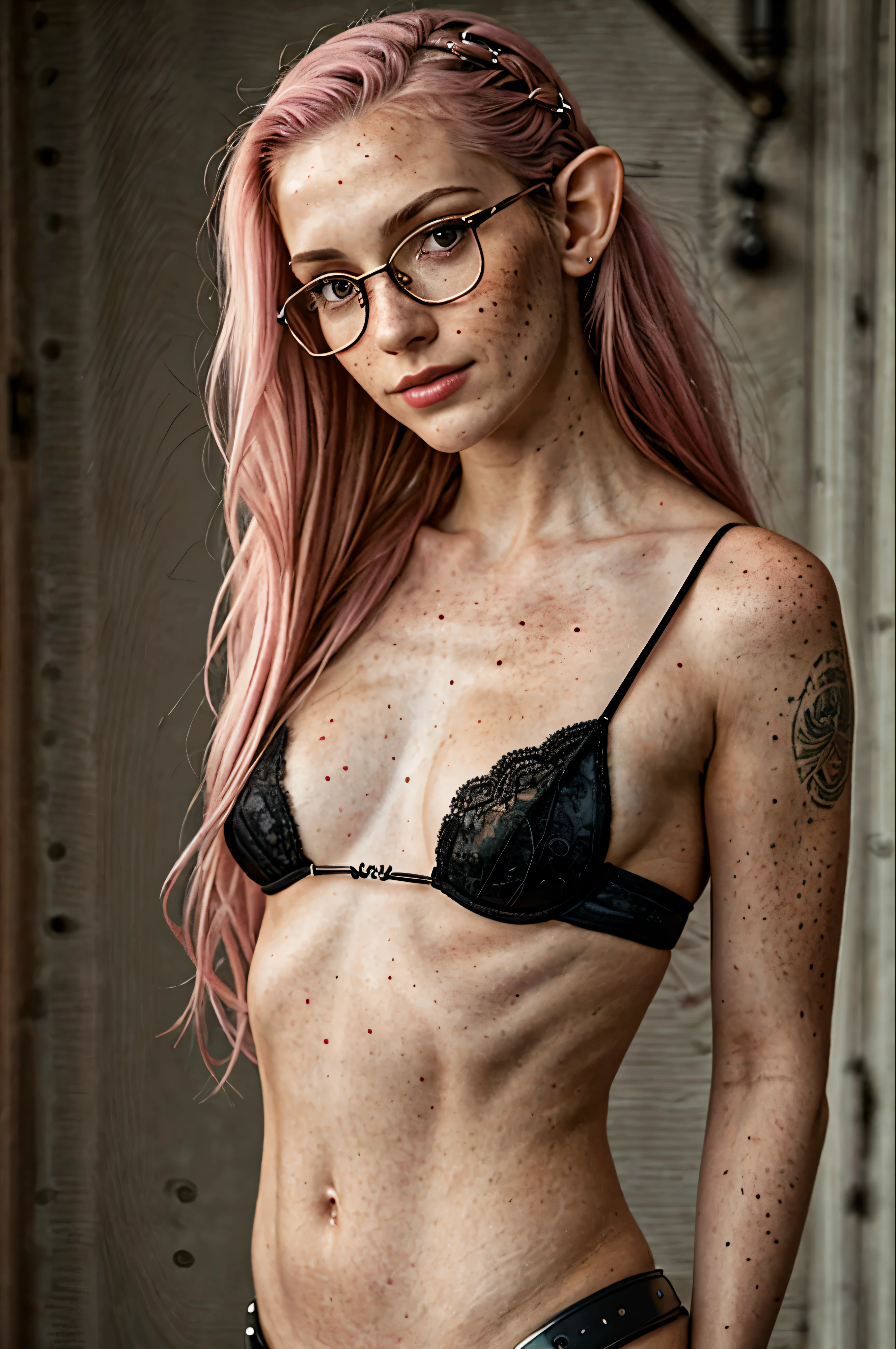(Realistic:1.2), Analog Photography Style, beautiful elf woman, posing, with freckles, with glasses and long pink hair, braided., (steampunk dark fantasy atmosphere), Soft natural light, Cute and sexy, Great quality, masterpiece, detailed strange background, Better Performance, Quality: 16K, raw photo