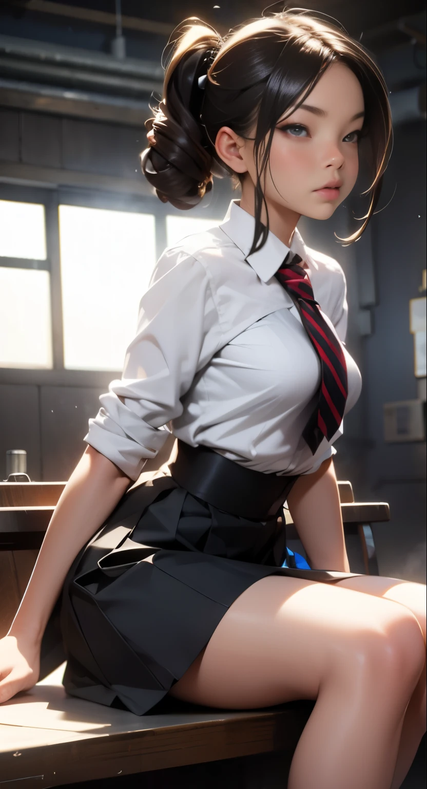(best quality,4k,8k,highres,masterpiece:1.2),ultra-detailed,realistic, HDR, UHD, studio lighting, extreme detail description, professional, vivid colors, bokeh, portraits, (boy: 1.1, girl: 1.1), (boy: 1.1, girl: 1.1, missionary position), half-turned, girl in a short skirt, (skirt lifted), sitting on a table, (boy: 1.1), brown hair.