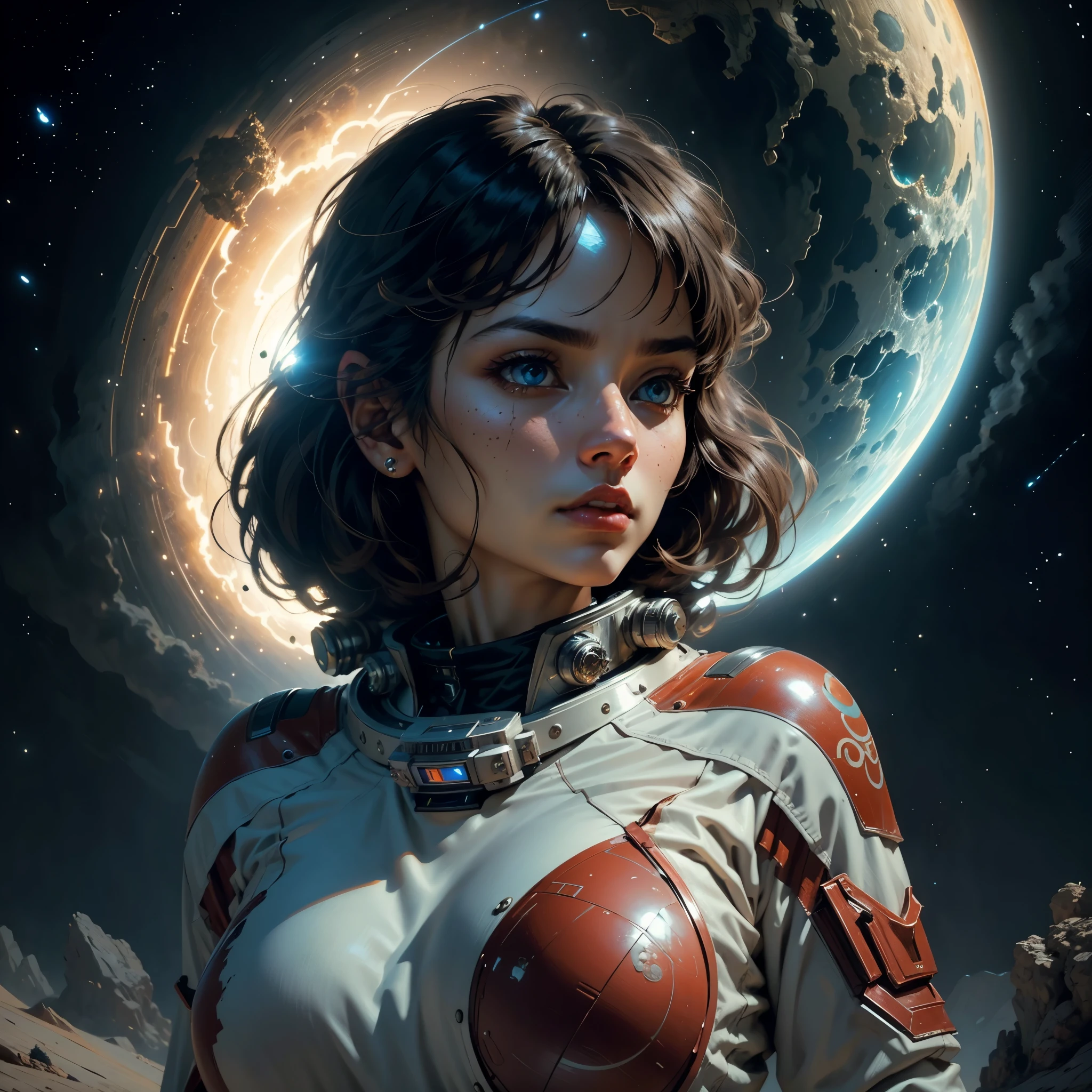 Stunning female in space suit, sci-fi, extremely beautiful piercing eyes, cinematic scene, hero view, action pose, scenery, detailed background, masterpiece, best quality, high quality, intricate, absurdres, very detailed, extremely high resolution, 8k, vivid, colorful, Studio Ghibli xl:1.5>