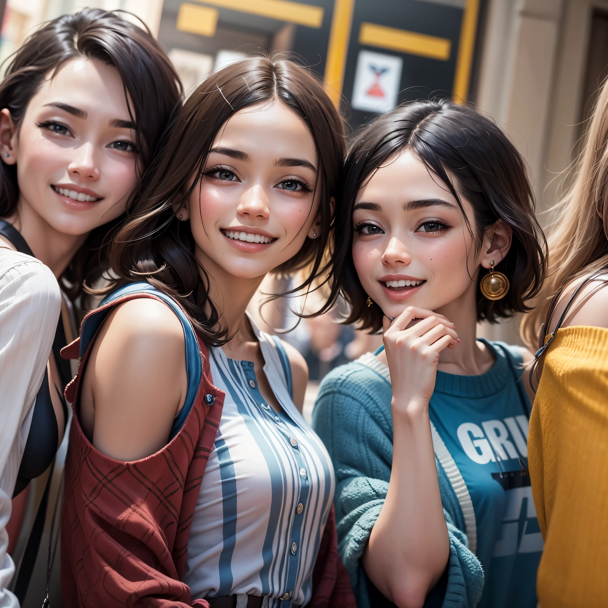 trois jeunes femmes admiratives et souriantes devant une vitrine d'un magasin de vêtements en solde  --auto --s2