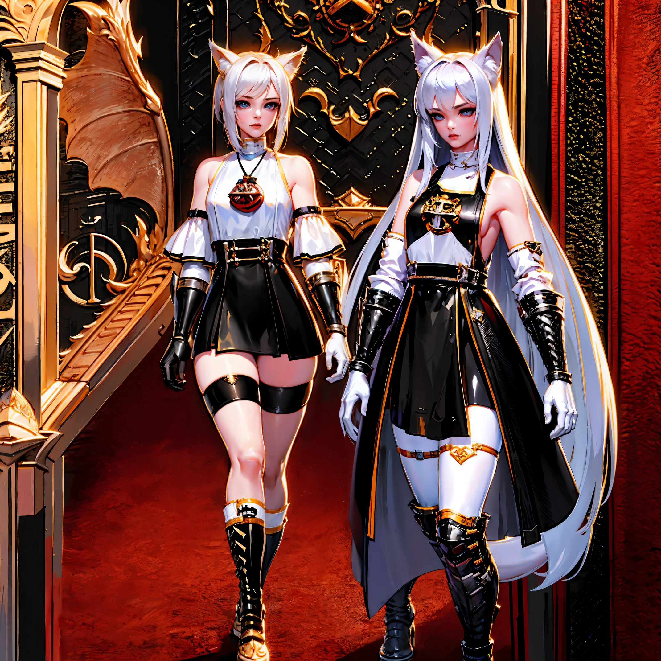 8k, resolution, high quality, high resolution, best quality, best resolution, absurd resolution, ray tracing, high detailed, masterpiece, extremely detailed,shoulder length white hair, female,white 2 wolf ears, teenage girl, slim body, white scale dragon tail,black boots,black leggings, school skirt, white jacket, medium size chest, detailed blue eyes, detailed beautiful face,solo female,1 dragon tail, detailed eyes, tomboyish