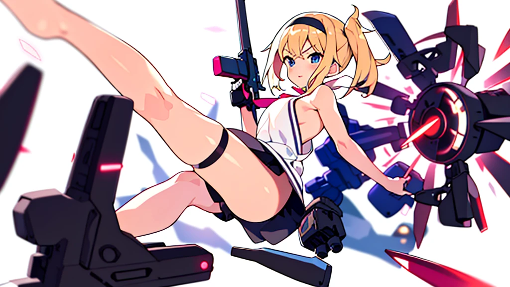 Anime girl , combat pose, (((blurry background, white background))), character focus, camisole, bare foot, bare shoulder, bare legs, bare arms, solo,