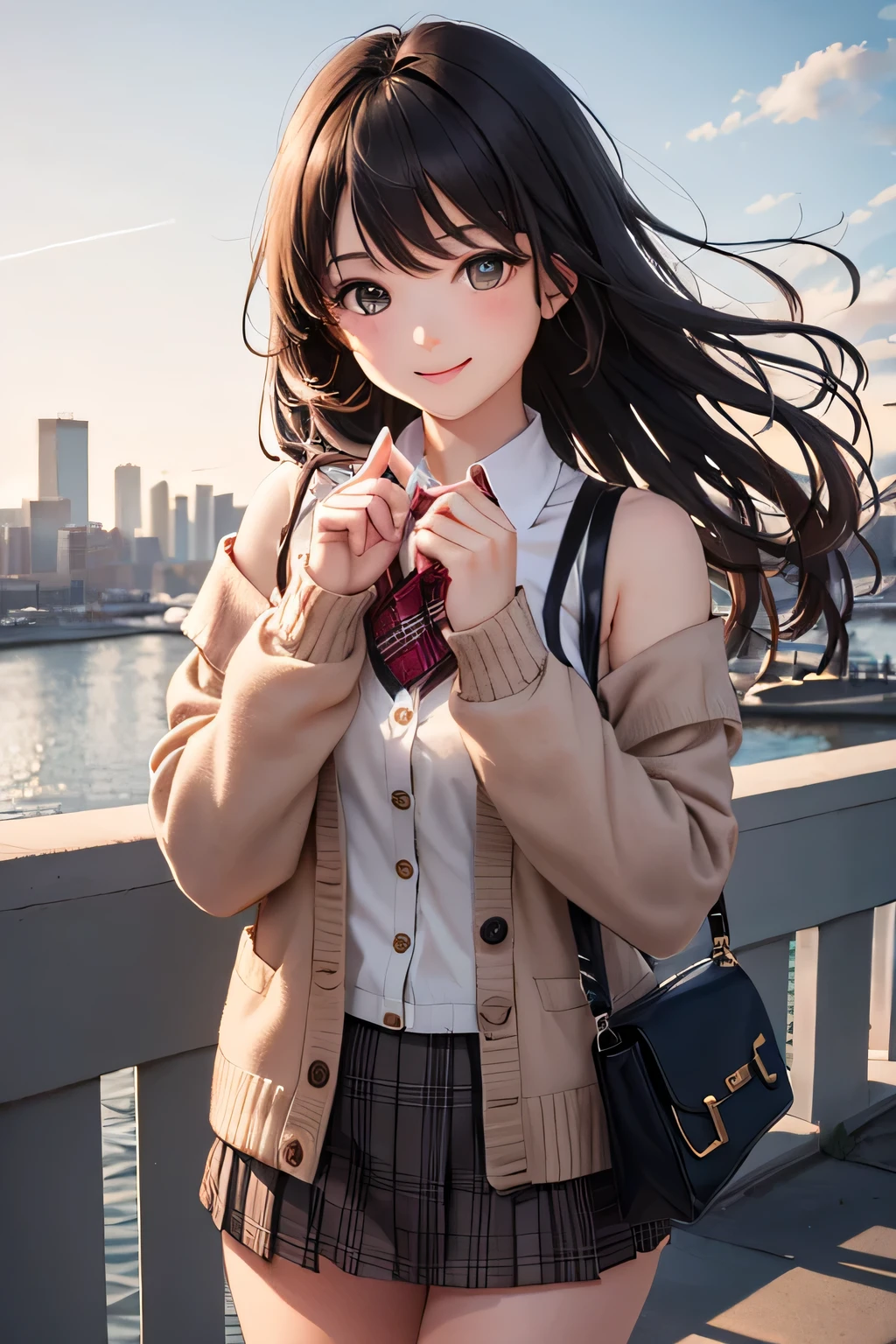 very cute and beautiful girl,Ten generations,(very detailed美しい顔と目:1.2),(Gray blouse),smile,
cowboy shot,(red cardigan:1.2),Long Sleeve BREAK Absolute Area,(Brown shoulder bag),(Plaid brown mini skirt:1.3),
dynamic pose,dynamic angle,wavy hair,black hair,(black boots:1.2),
(Yokohama:1.2),(Port Town,Urban landscape overview:1.2),walk,Shopping Street,
(highest quality,masterpiece:1.2),(intricate details),High resolution,very detailed,super detailed,
alone,Natural light,hair blowing in the wind,beautiful and detailed sky,
perfect hands,beautiful hands,