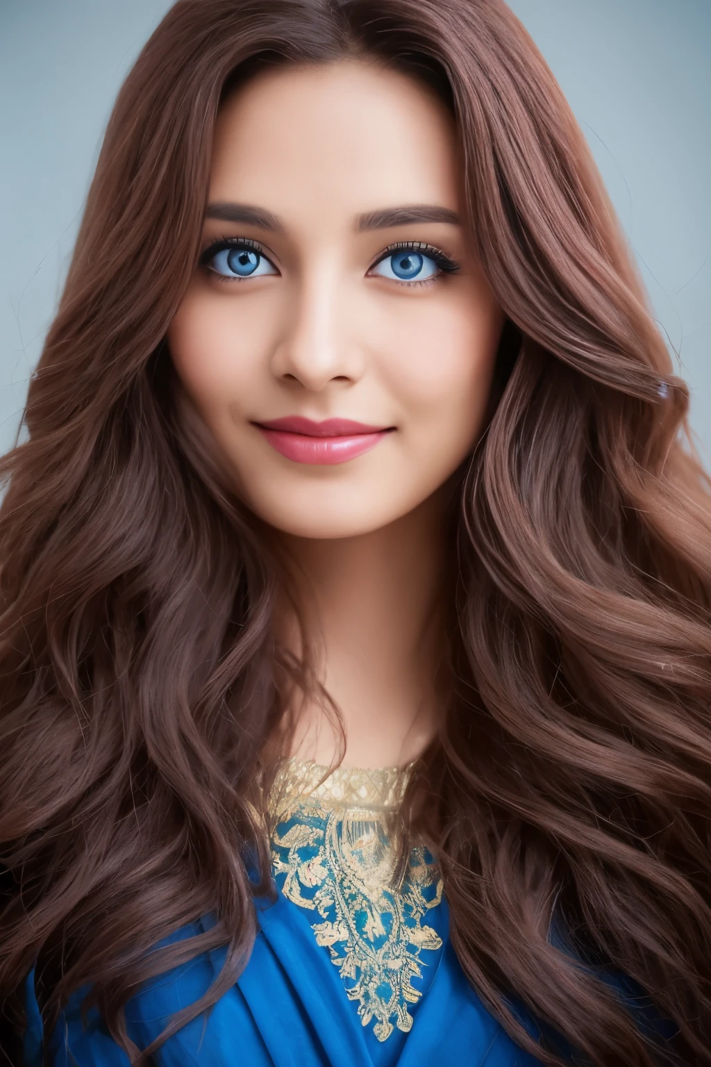 Portrait of A confident-looking indian woman with long flowing hair, (blue eyes: 1.4), perfect eyes, with flowing capes, wavyhair, high cheek bones, plump juicy lips, perfect composition, no jewelry, hyperrealistic, super detailed, 8k, high quality, trending art, trending on artstation, sharp focus, studio photo, intricate details, highly detailed, mugshot, facing camera, looking into lens, focussing on lens, smiling, closed lips, beautiful smile