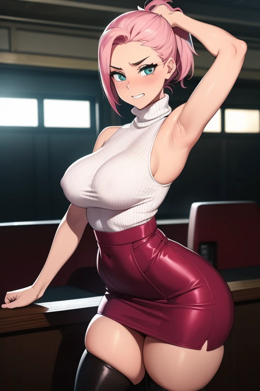 20 year old woman, busty, thigh thighs, bubble butt, hourglass figure, skinny, sexy pose, excited, aroused, smug, horny, expression, wearing wearing white sleeveless turtleneck sweater, black high waisted pencil skirt, stockings, brown heeled boots, messy light pink hair, blushing, at rock concert