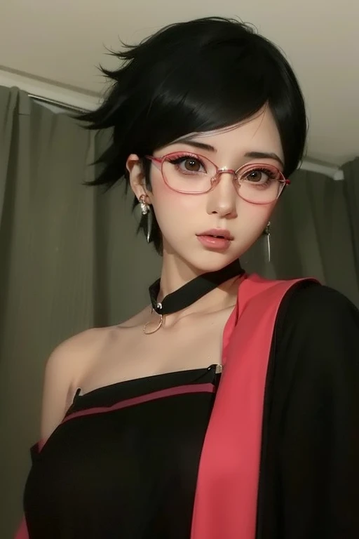 young woman, white skin, short black hair with side bangs, black eyes, glasses, buttoned nose, peach lips, black clothes, earrings, Sarada Uchiha, realism, uchiha, 3d