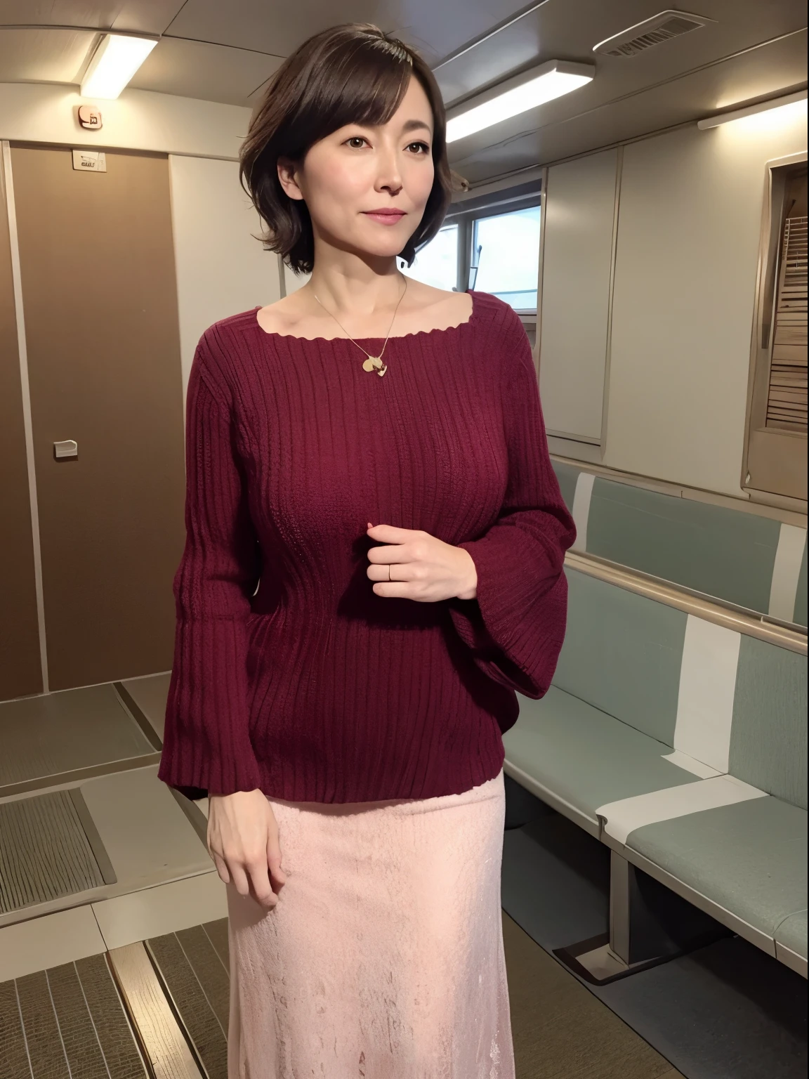 in 8K、Raw photography、Highest Quality、realisitic、Photorealsitic、Professional Lighting、masterpiece、Very delicate and beautiful woman).No one else on board. A woman turns towards me and stands on empty japanese local train, wearing a knit and a long skirt. 45 years old. A woman similar to Hitomi Kuroki, Has big breasts of J cup.shot from a side angle,Rounded buttocks,Beautiful woman with slender abs,looking camera