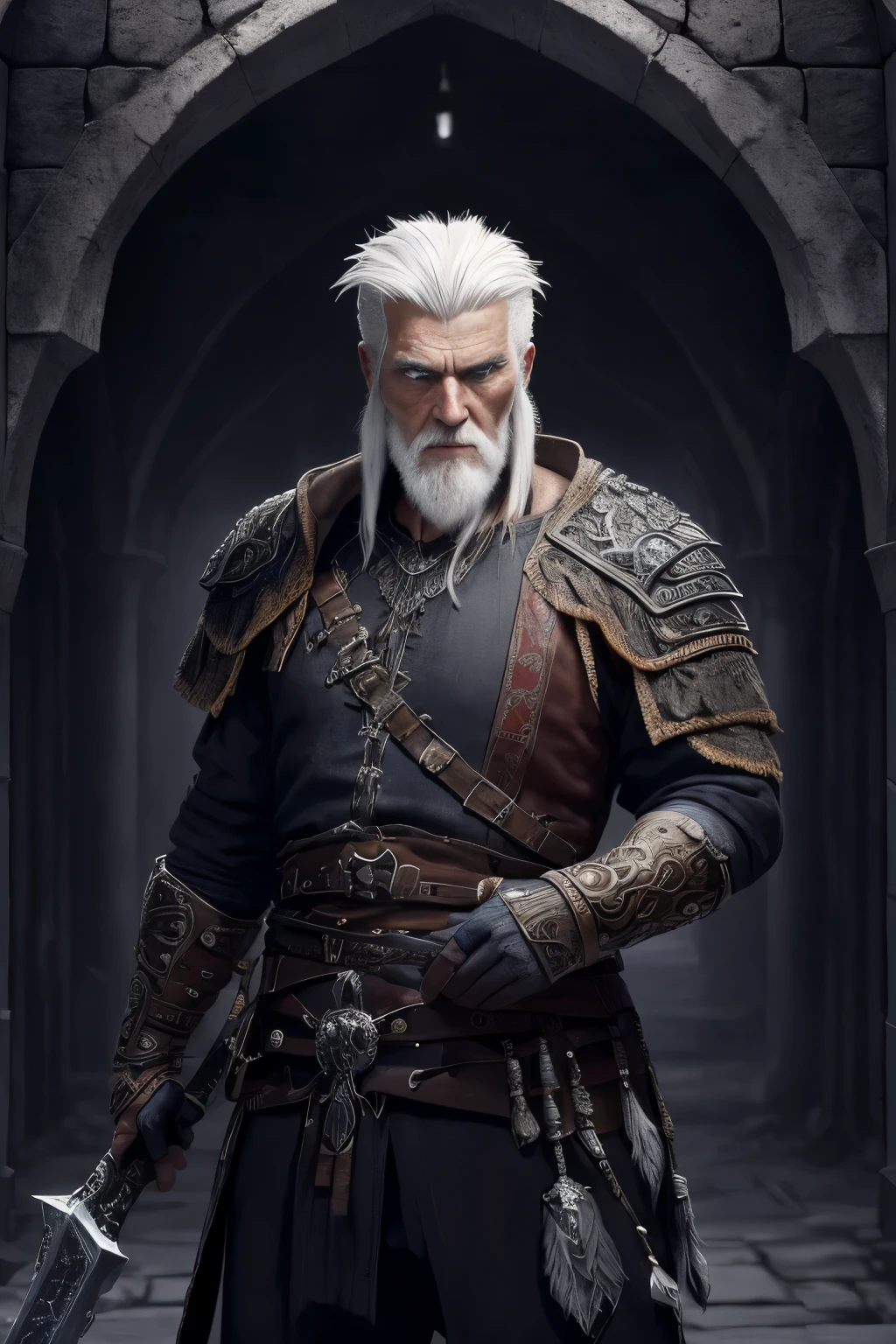 (extremely detailed 8k wallpaper), a medium photo of an old man warrior with white hair from the necromancer Gerrary, intricate, with many details, dramatic