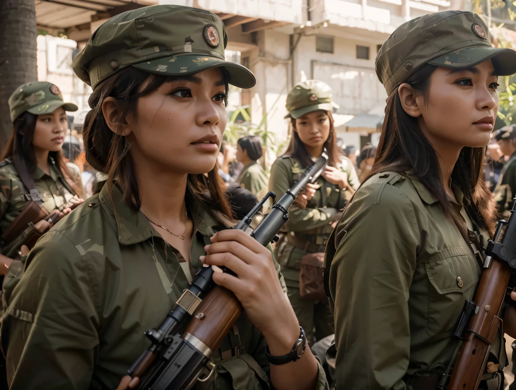 several beautiful female soldiers, Face of Cambodian women, They wear khaki Chinese style military uniform, very dark blue Soviet style military uniform, Belt with ammunition, they hold rifle, They are in an Asian military base in the jungle, Ultra detailed, hyperrealistic , 4k, Ultra detailed image, realistic, Highly detailed, perfect composition, splendid, Intricately detailed, Incredibly detailed, 8 k artistic photography, hyper detailed, Masterpiece, Ultra detailed, hyper realistic, 4k, Ultra detailed image, realistic, Highly detailed , perfect composition, splendid, Intricately detailed, Incredibly detailed, 8 k artistic photography, hyper detailed, Masterpiece