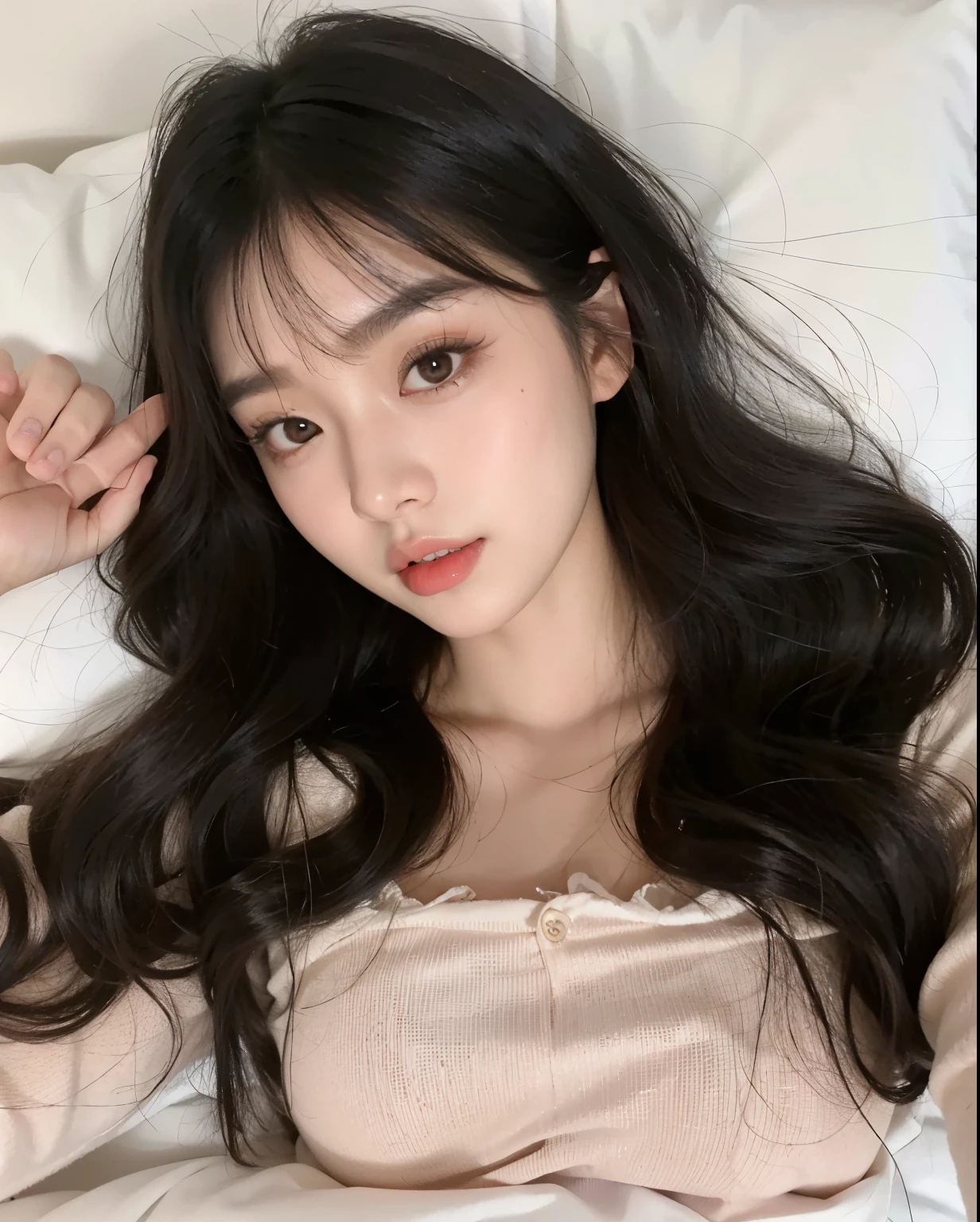 Araffe Asian woman lying in bed with a white sheet, ulzzang, muchacha coreana, hermosa joven coreana, hermosa mujer surcoreana, hermosa joven coreana, pelo largo con flequillo completo, pelo largo con flequillo, joven y adorable rostro coreano, cabello limpio con flequillo, ella tiene el pelo negro con flequillo, brown pelo largo con flequillo, maquillaje popular de corea del sur