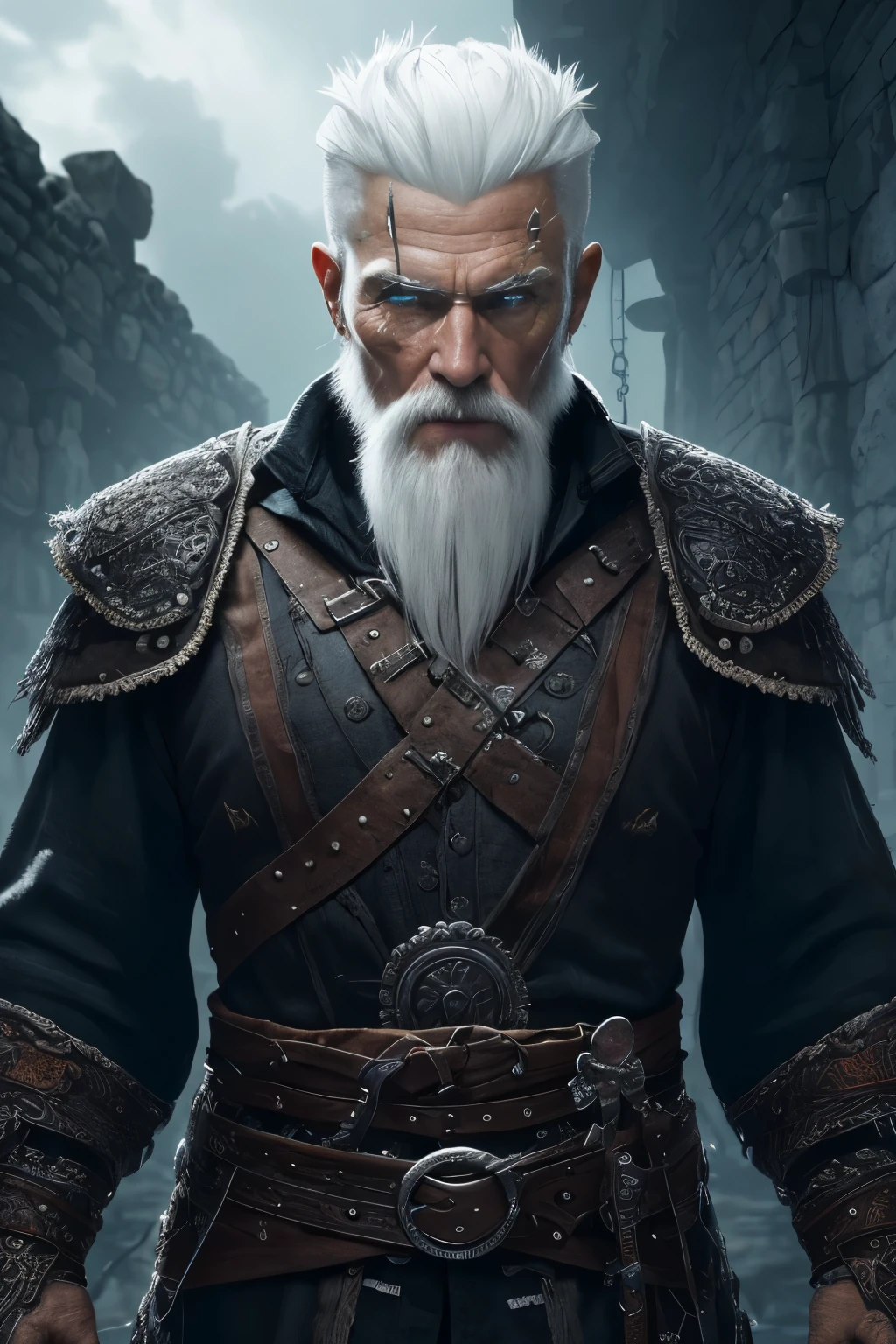 (extremely detailed 8k wallpaper), a medium photo of an old man warrior with white hair from the necromancer Gerrary, intricate, with many details, dramatic