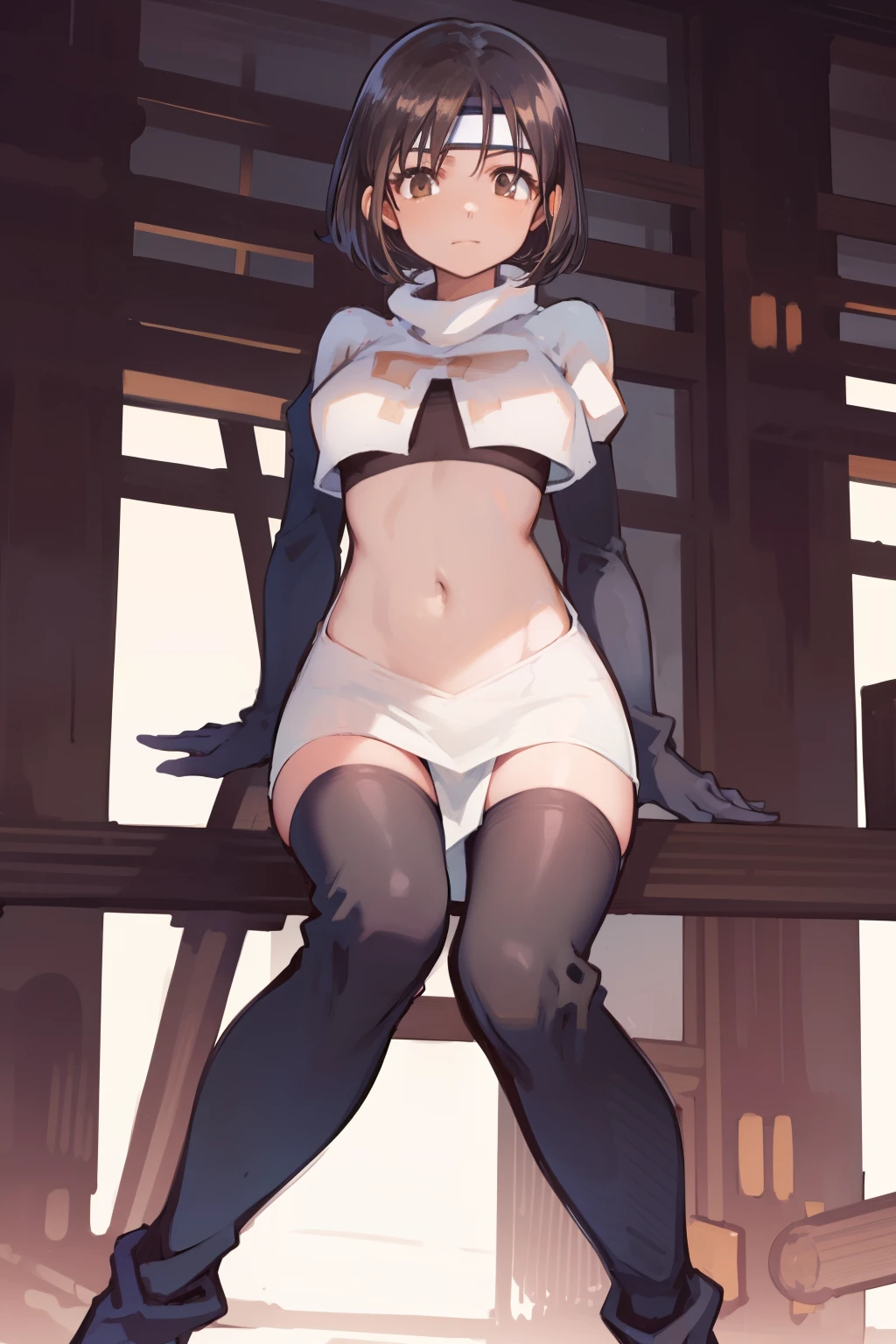 yuffiekisaragi, yuffie kisaragi, (black hair:1.5), (brown eyes:1.7), short hair, forehead protector, headband, navel,
cowboy shot, looking at viewer,
(masterpiece:1.2), best quality, high resolution, unity 8k wallpaper, (illustration:0.8), (beautiful detailed eyes:1.6), extremely detailed face, perfect lighting, extremely detailed CG, (perfect hands, perfect anatomy),team rocket,team rocket uniform, red letter R, white skirt,white crop top,black thigh-highs, black elbow gloves,