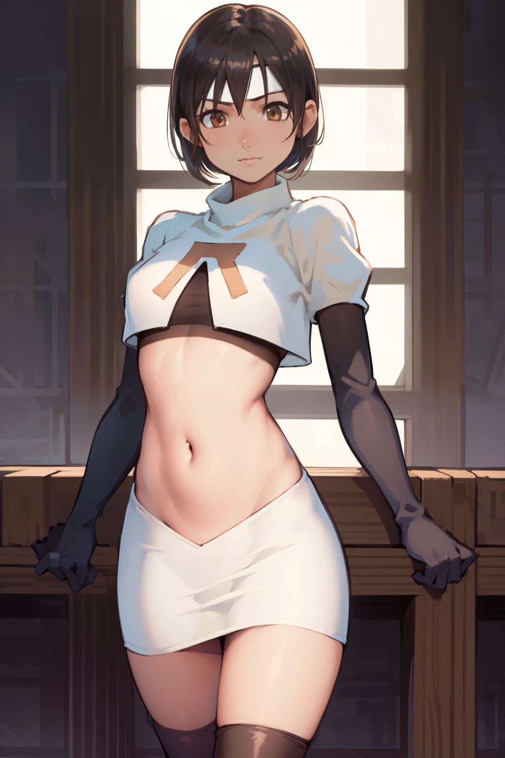 yuffiekisaragi, yuffie kisaragi, (black hair:1.5), (brown eyes:1.7), short hair, forehead protector, headband, navel, 
 cowboy shot, looking at viewer, 
 (masterpiece:1.2), best quality, high resolution, unity 8k wallpaper, (illustration:0.8), (beautiful detailed eyes:1.6), extremely detailed face, perfect lighting, extremely detailed CG, (perfect hands, perfect anatomy),team rocket,team rocket uniform, red letter R, white skirt,white crop top,black thigh-highs, black elbow gloves,