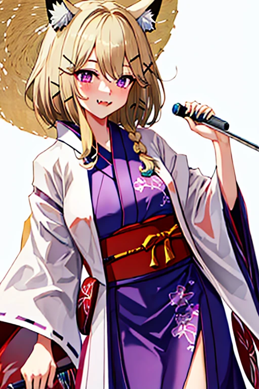 best quality, masterpiece, highres, solo, {yukata:1.40}, {kimono:1.20}, {utage_arknights:1.15}, animal_ears, purple_eyes, animal_ear_fluff, hair_ornament, breasts, bangs, smile, hairclip, large_breasts, short_hair, blush, fang, upper_body, brown_hair, skin_fang, x_hair_ornament