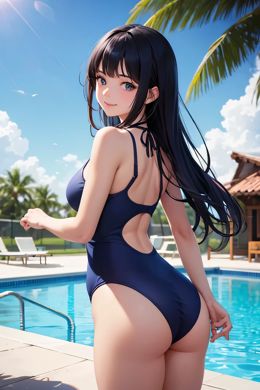 very cute and beautiful girl,(highly detailed beautiful face and eyes:1.2),blue school swimsuit,
standing,(from behind,looking back),leaning forward,pool side,tiny colorful flowers,smile,black hair,medium hair,cowboy shot,
(best quality,masterpiece:1.2),highres,extremely detailed,solo,
hair fluttering in the wind,beautiful detailed sky,dynamic angle,beautiful hands,perfect
hands,