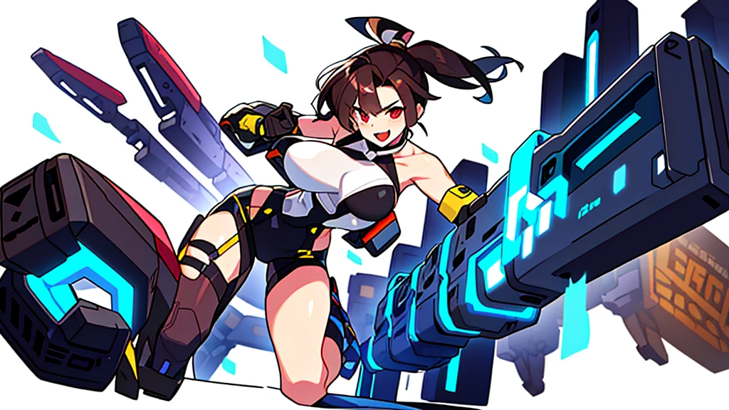 solo female , combat pose, (((blurry background, white background))), character focus, strapless tube top,  bare shoulder, bare legs, bare arms,
