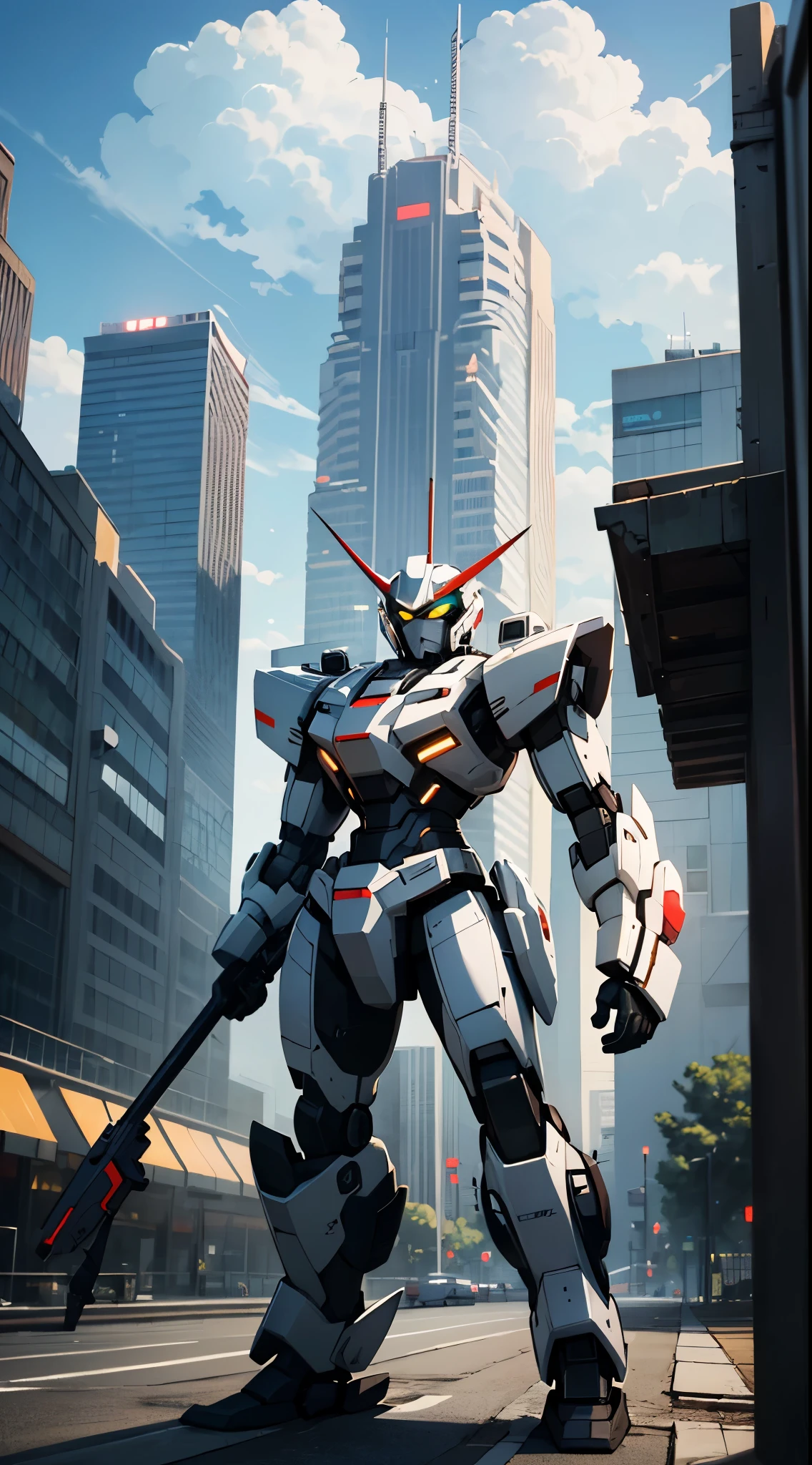 (UHD, retina, masterpiece, accurate, anatomically correct, textured skin, super detail, high details, high quality, best quality, high res, 1080P, HD, 4K, 8k, 16k), studio lighting, physically-based rendering, vivid colors, (glowing, robot, mecha, realistic_mecha, science_fiction, holding_weapon), (sky, cloud, city, building, no_humans), (whiime green, glowing_eyes, glowing_weapon, front_view:1.5),