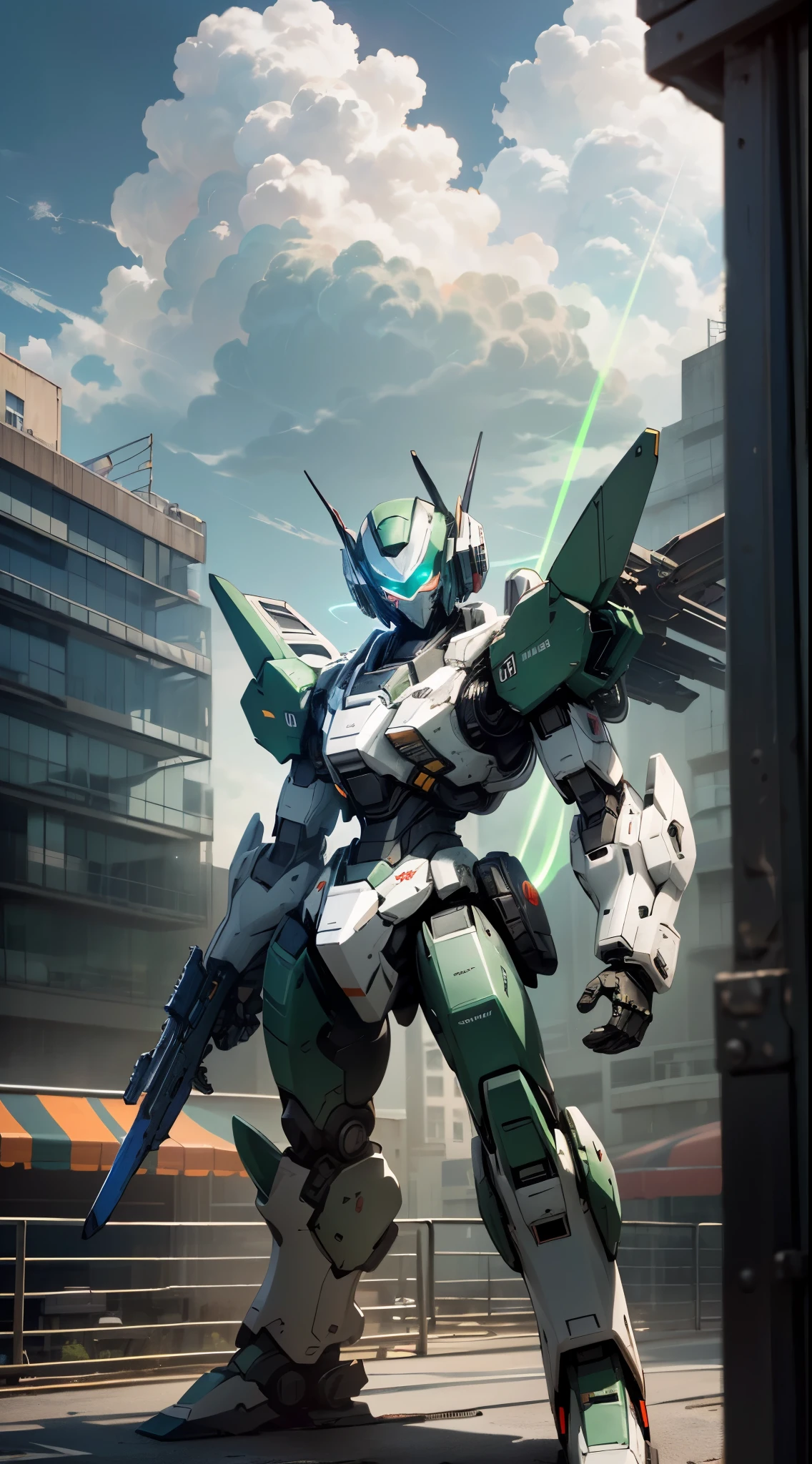 (UHD, retina, masterpiece, accurate, anatomically correct, textured skin, super detail, high details, high quality, best quality, high res, 1080P, HD, 4K, 8k, 16k), studio lighting, physically-based rendering, vivid colors, (glowing, robot, mecha, realistic_mecha, science_fiction, holding_weapon), (sky, cloud, city, building, no_humans), (whiime green, glowing_eyes, glowing_weapon, front_view:1.5),