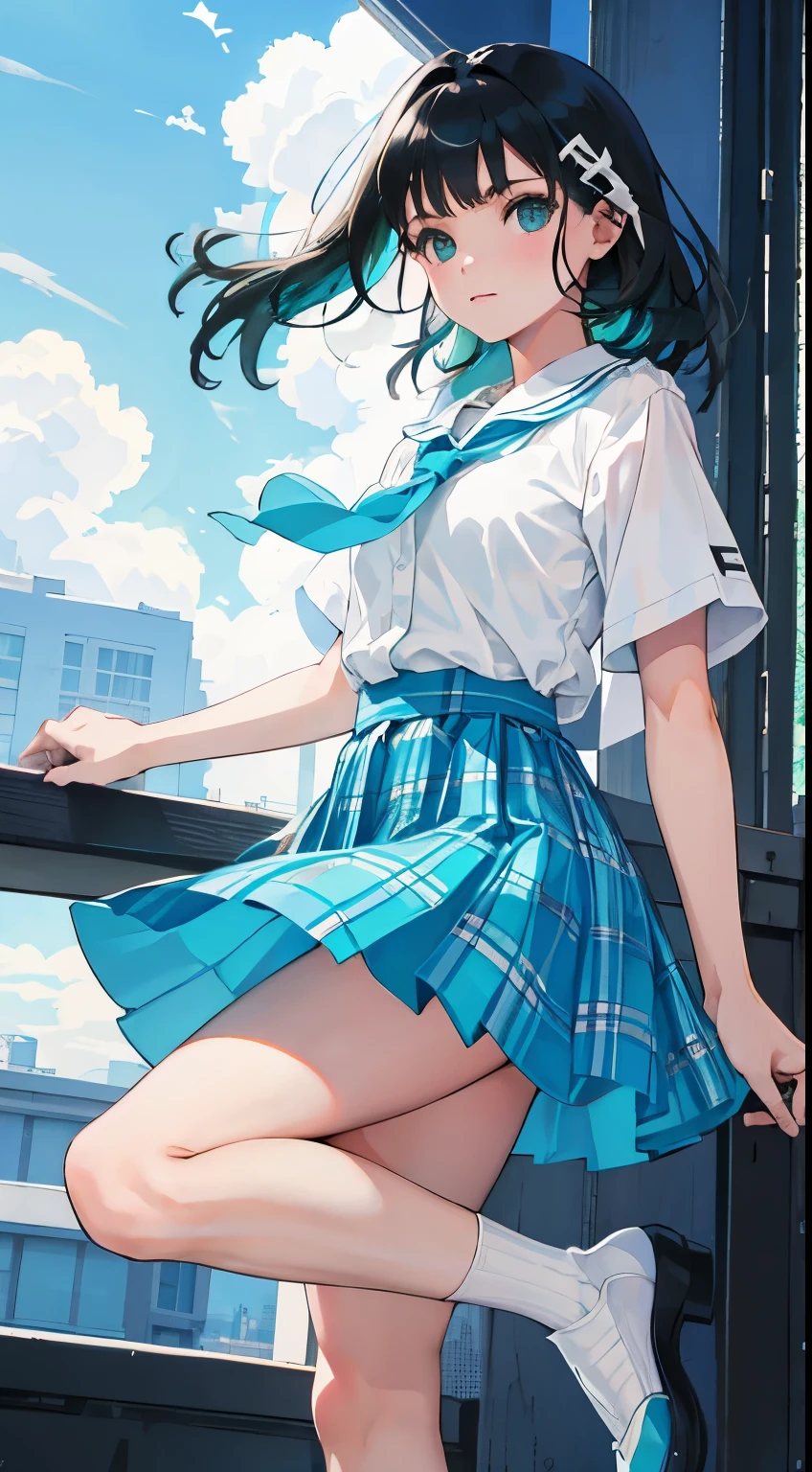 The wind is blowing,(),(masterpiece,Top quality),Turquoise pleated miniskirt with blue-green plaid pattern,short sleeve,black hair,Summer Classroom,high socks
