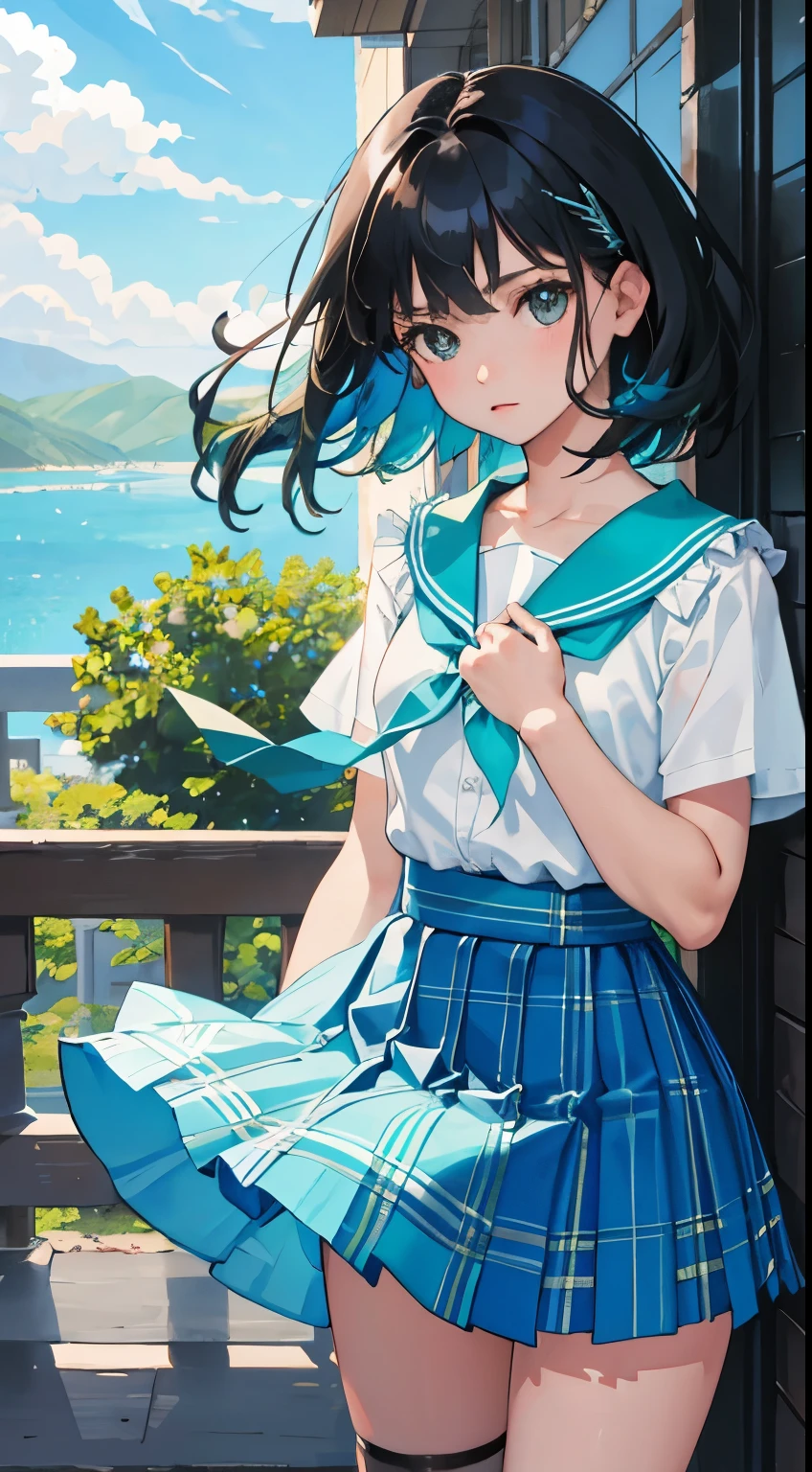 The wind is blowing，()，（masterpiece，Top quality)，Turquoise pleated miniskirt with blue-green plaid pattern，short sleeve，black hair，Summer Classroom，high socks