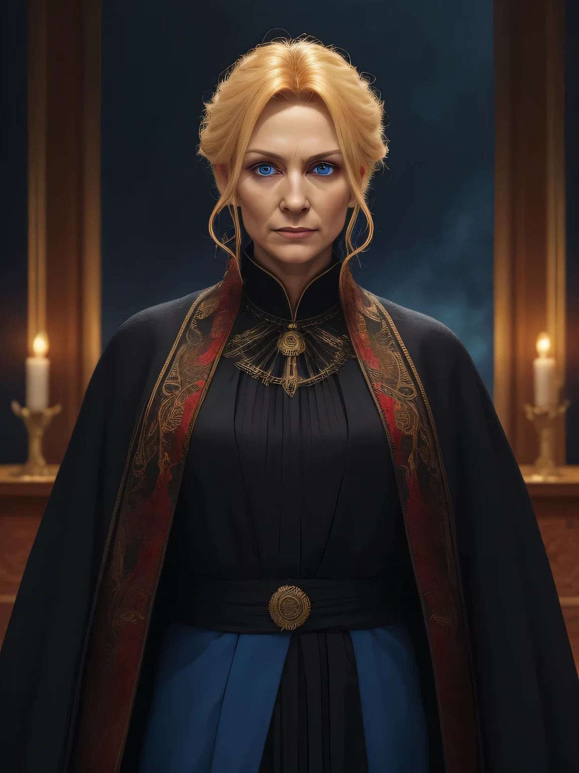 женщина fire mage, Middle Aged Woman, (35-40 per species), blonde hair, very strict and stern looking, fire mage, Dark room on the background, detailed background, вокруг женщины Flames, cold blue eyes, ((high detail)), ((masterpiece)), ((Highest quality)), portrait, facing the viewer, ((realistic light)), the clothes are a black robe, complex drapery of fabric, looks directly at the viewer, Flames