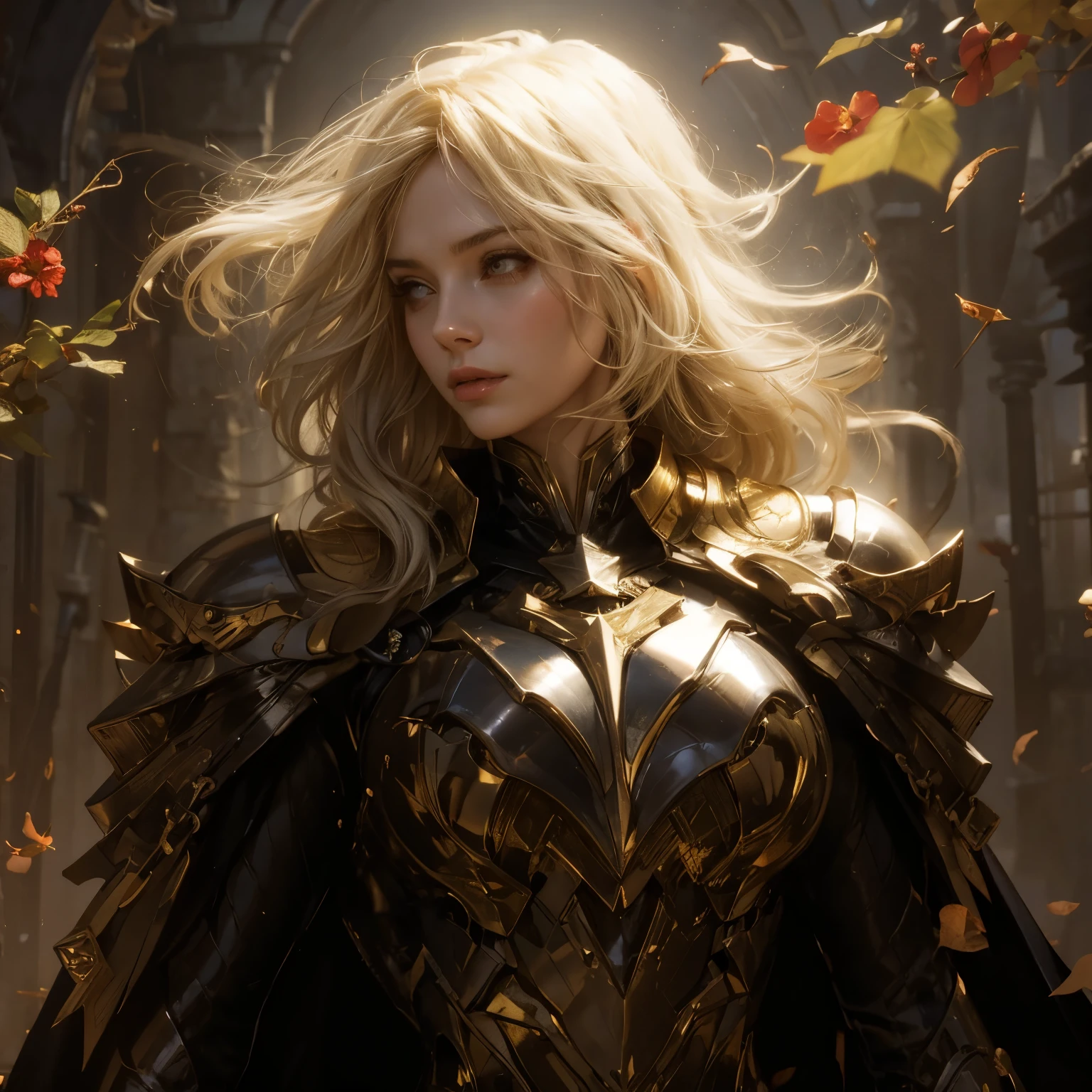 Superhero beauty young girl (((golden hair highlights::1))) in sci-fi suit steel tatical armor