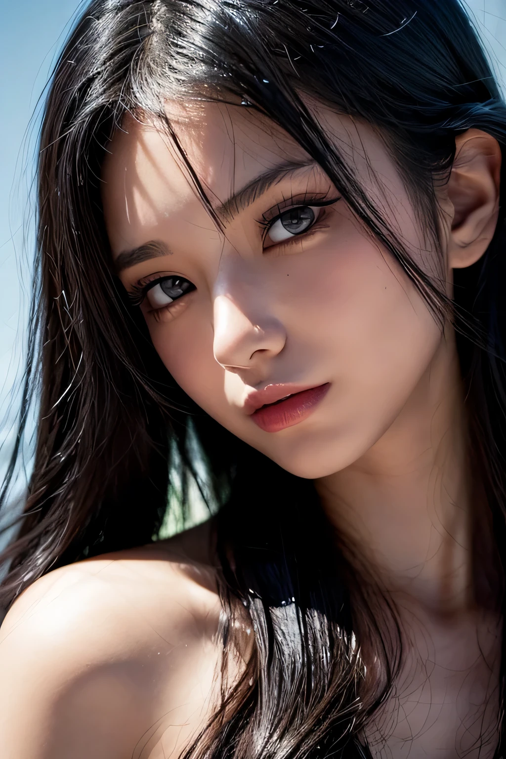 messy long black hair, olhos castanhos, feliz, menina estilo anime bonito, lips, rostos detalhados limpos, roupas intracate, analogous colors, sombras brilhantes, gradiente bonito, profundidade de campo, imagem limpa, alta qualidade, alto detalhe, highes definition, Luminous Studio graphics engine, rosto bonito