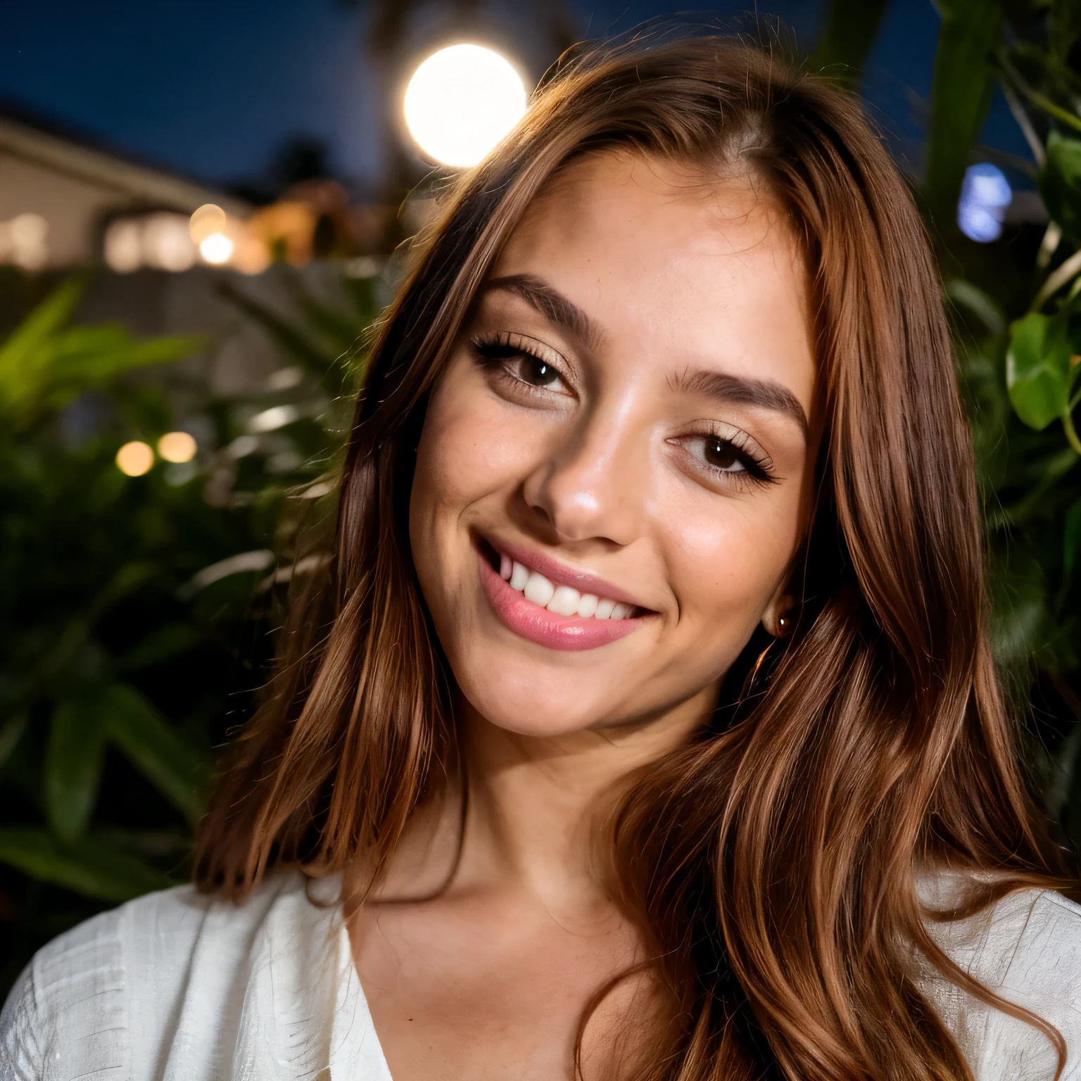 (photoRealista), beautiful lighting, Mejor calidad, Realista, retrato de cuerpo entero, Imagen real, detalles intrincados, profundidad de campo, pelo largo pelirrojo, vestido blanco, an incredibly beautiful Latin American woman, muy detallado, cara de bebe, Pretty girl, Brown eyes, labios, Caderas anchas, small tits, cintura delgada, alto, constituir. Crea un selfie con mujeres diversas, de varias etnias, each expressing joy y vitality after experiencing a revolutionary natural wellness remedy. Resalta las sonrisas seguras. Resaltar elementos que simbolizan la salud., como (luz de la luna) y (casa moderna), y a (radiant night atmosphere) that conveys the feeling of fulfillment y happiness. Usar suave, tonos oscuros para enfatizar la positividad. Tacticool, Fujifilm XT3, exterior, Noche brillante, beautiful lighting, foto cruda, 8k UHD, film grain, ((bokeh))