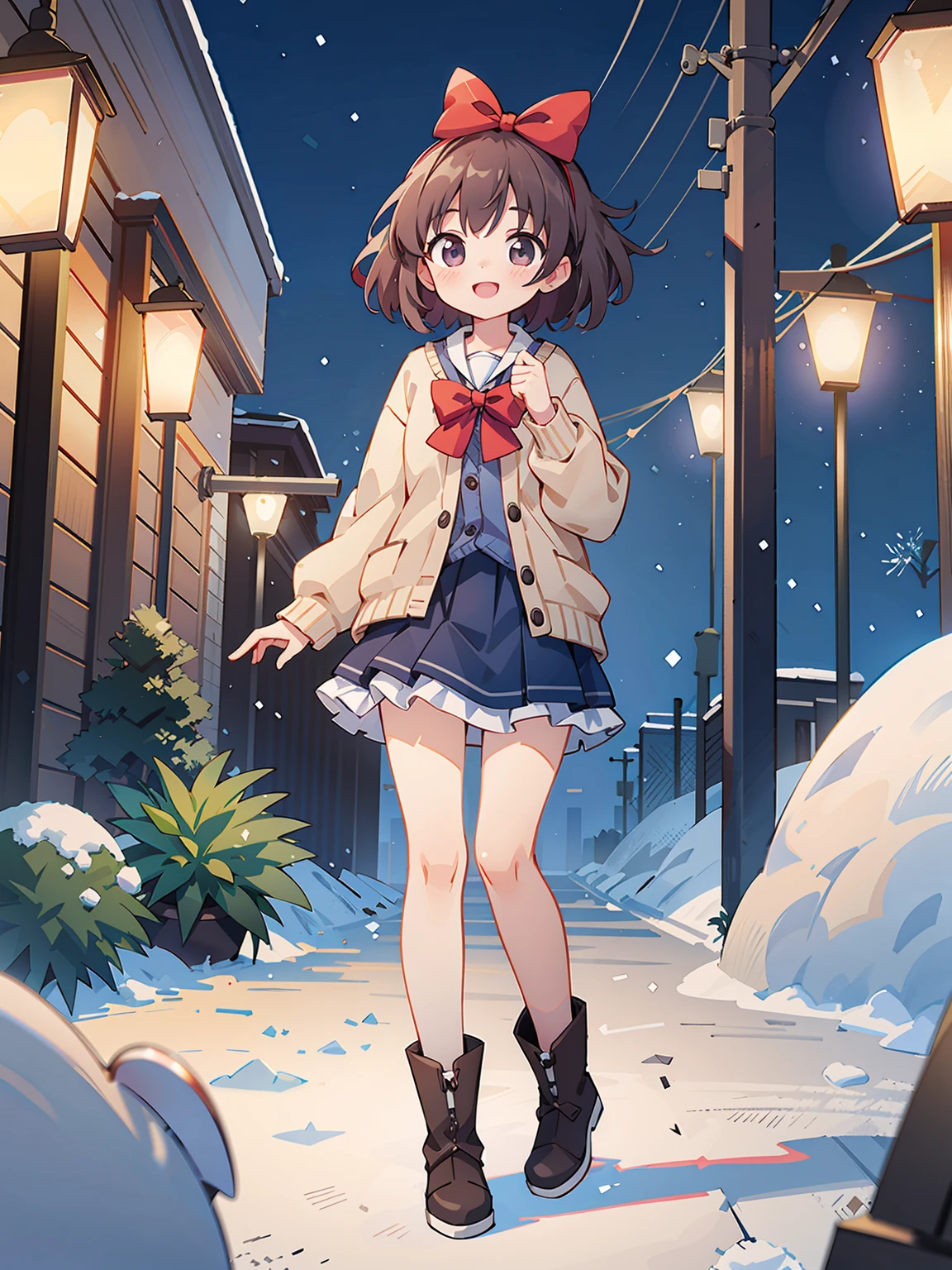 (masterpiece:1.2), best quality, highres, original, (extremely detailed:1.2), ultra-detailed, wallpaper, perfect lighting,(extremely detailed CG:1.2), 8k, anime illustration, 1girl, solo, smiling, (winter outfit:1.2), standing on the street, (knit cardigan:1.1), (bowknot on cardigan:1.25), knee-length skirt, (Ruffled hemline:1.3), winter boots, {delicate|detailed}clothes, (anatomically correct:1.34), close-up, full-body, looking at viewer, frontal, snowy street, (streetlight:1.17), city background, night, unity 4k