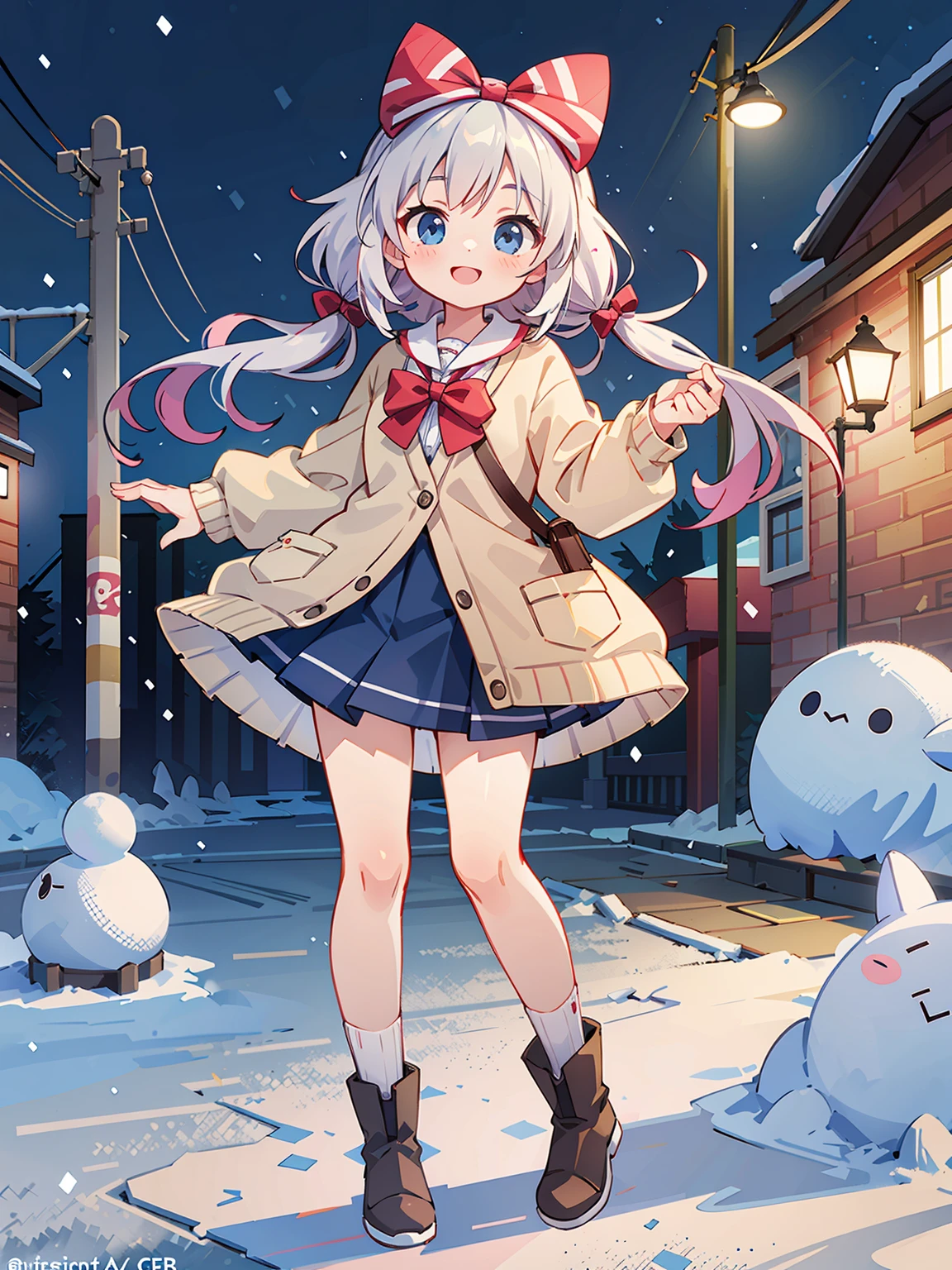 (masterpiece:1.2), best quality, highres, original, (extremely detailed:1.2), ultra-detailed, wallpaper, perfect lighting,(extremely detailed CG:1.2), 8k, anime illustration, 1girl, solo, smiling, (winter outfit:1.2), standing on the street, (knit cardigan:1.1), (bowknot on cardigan:1.25), knee-length skirt, (Ruffled hemline:1.3), winter boots, {delicate|detailed}clothes, (anatomically correct:1.34), close-up, full-body, looking at viewer, frontal, snowy street, (streetlight:1.17), city background, night, unity 4k