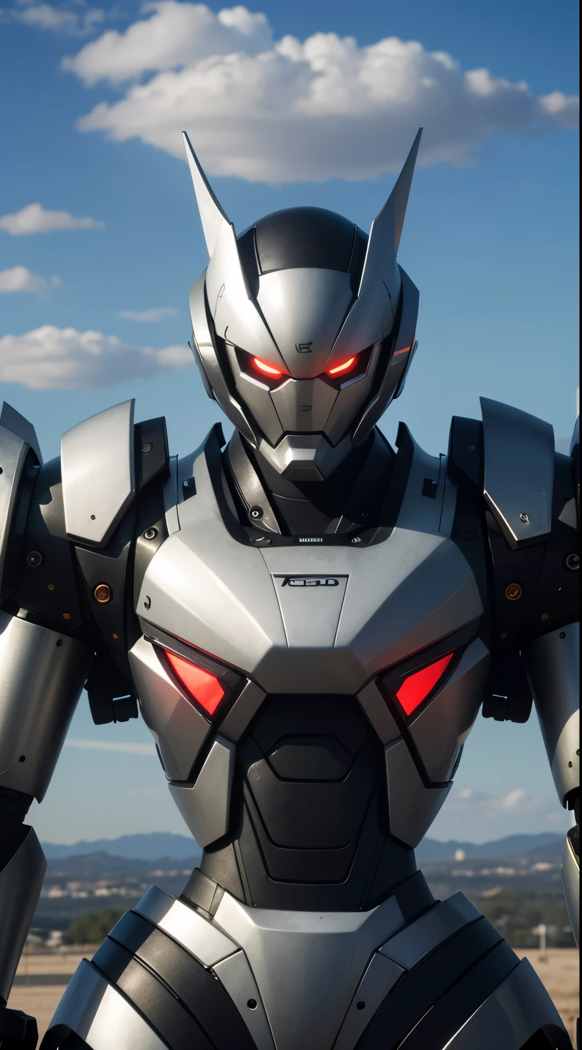 (UHD, retina, masterpiece, accurate, anatomically correct, textured skin, super detail, high details, high quality, best quality, high res, 1080P, HD, 4K, 8k, 16k), sky, cloud, holding weapon, no humans, glowing, robot, building, glowing eyes, mecha, science fiction, city, realistic mecha,