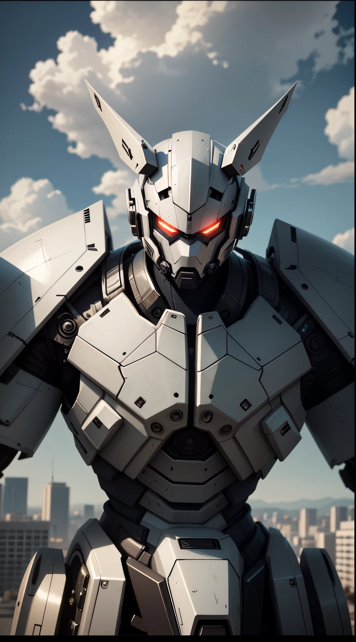 (UHD, retina, masterpiece, accurate, anatomically correct, textured skin, super detail, high details, high quality, best quality, high res, 1080P, HD, 4K, 8k, 16k), sky, cloud, holding weapon, no humans, glowing, robot, building, glowing eyes, mecha, science fiction, city, realistic mecha,
