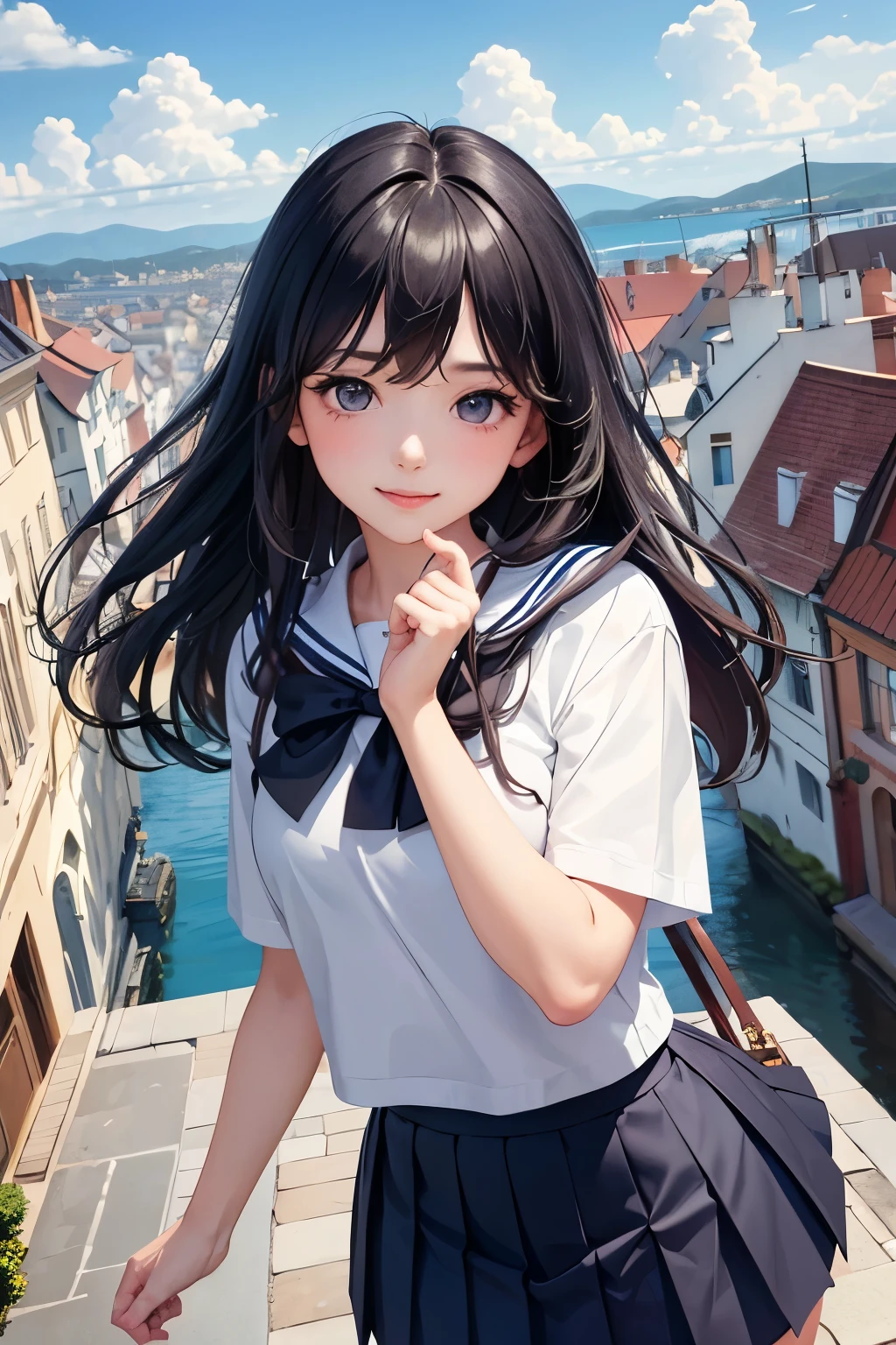 very cute and beautiful girl,teen,(highly detailed beautiful face and eyes:1.2),
smile,black hair,(sailor school uniform,pleated navy blue mini skirt),dynamic pose,dynamic angle,looking at viewer,
many european houses with red roof,(town overview:1.2),
(best quality,masterpiece:1.2),intricate details,extremely detailed,ultra-detailed,8k resolution,solo,
hair fluttering in the wind,beautiful detailed sky,beautiful hands,perfect hands,