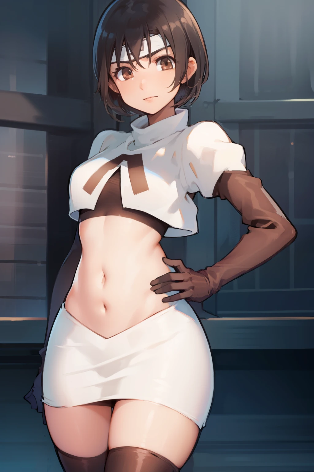 yuffiekisaragi, yuffie kisaragi, (black hair:1.5), (brown eyes:1.7), short hair, forehead protector, headband, navel,
cowboy shot, looking at viewer,
(masterpiece:1.2), best quality, high resolution, unity 8k wallpaper, (illustration:0.8), (beautiful detailed eyes:1.6), extremely detailed face, perfect lighting, extremely detailed CG, (perfect hands, perfect anatomy),team rocket,team rocket uniform, red letter R, white skirt,white crop top,black thigh-highs, black elbow gloves,