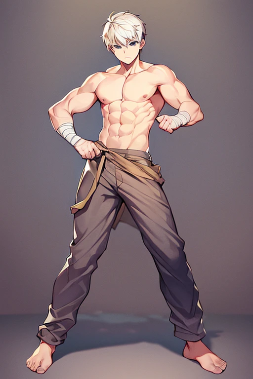 1boy, short hair, bandages, muscular, full body, ((full body)), pants, fighting stance, head tilt, shirtless