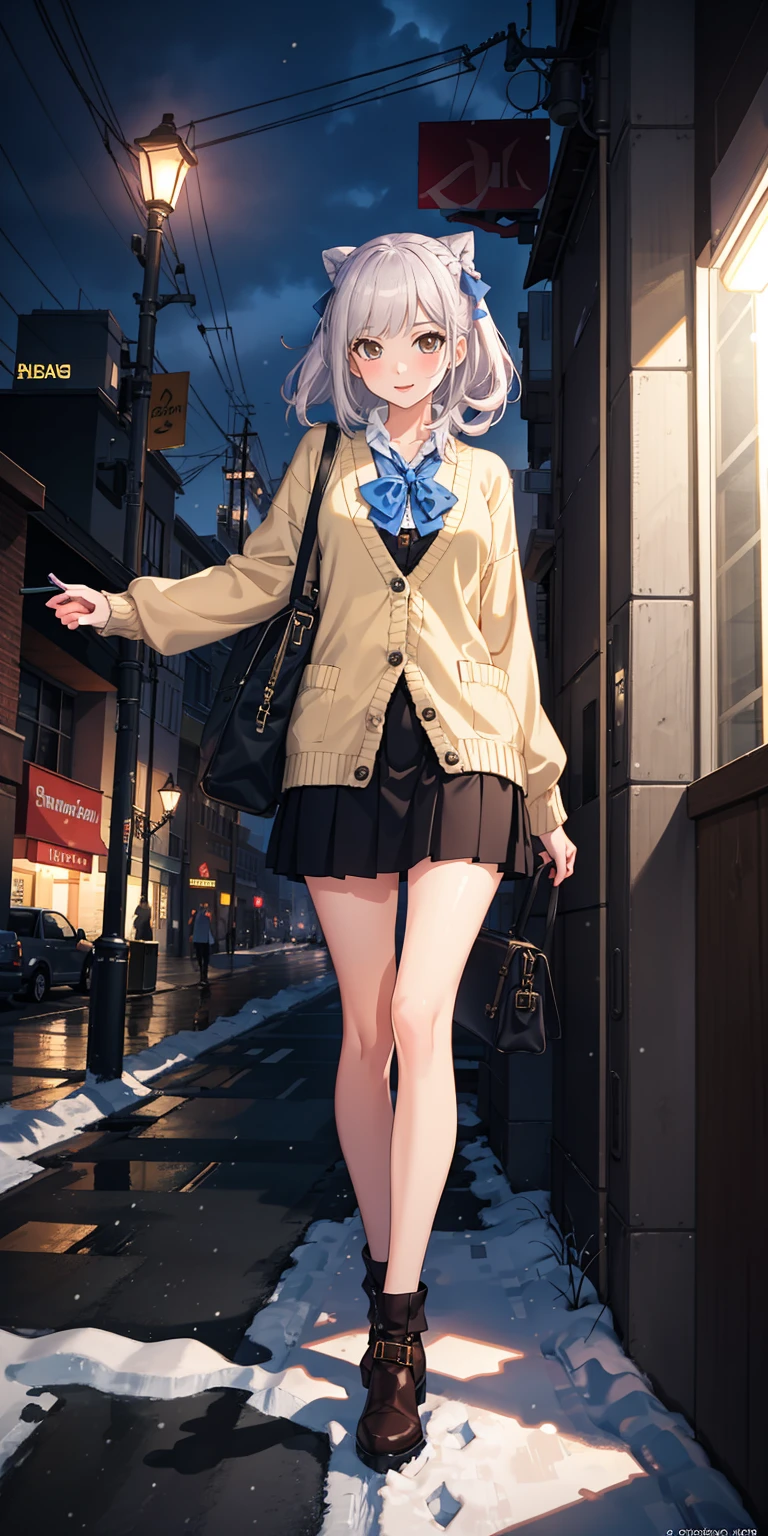 (masterpiece:1.2), best quality, highres, original, (extremely detailed:1.2), ultra-detailed, wallpaper, perfect lighting,(extremely detailed CG:1.2), 8k, anime illustration, 1girl, solo, smiling, (winter outfit:1.2), standing on the street, (knit cardigan:1.1), (bowknot on cardigan:1.25), knee-length skirt, (Ruffled hemline:1.3), winter boots, {delicate|detailed}clothes, (anatomically correct:1.34), close-up, full-body, looking at viewer, frontal, snowy street, (streetlight:1.17), city background, night, unity 4k