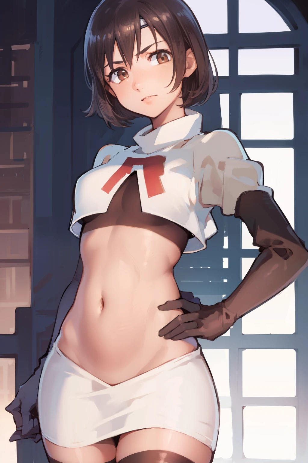 yuffiekisaragi, yuffie kisaragi, (black hair:1.5), (brown eyes:1.7), short hair, forehead protector, headband, navel,
cowboy shot, looking at viewer,
(masterpiece:1.2), best quality, high resolution, unity 8k wallpaper, (illustration:0.8), (beautiful detailed eyes:1.6), extremely detailed face, perfect lighting, extremely detailed CG, (perfect hands, perfect anatomy),team rocket,team rocket uniform, red letter R, white skirt,white crop top,black thigh-highs, black elbow gloves,