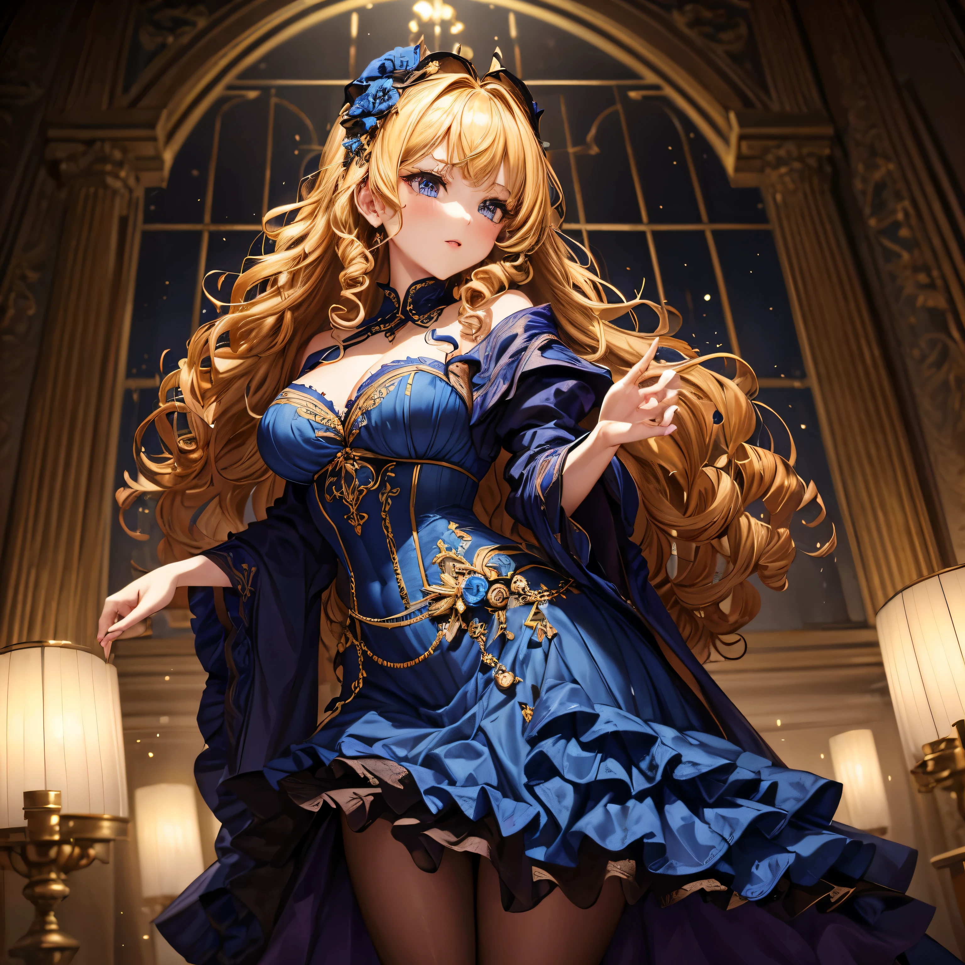 ((best quality)), ((chef-d'artwork)), (detailed), visage parfait, une fille, yeux bleus ultramarins, tied hair, golden hair, ((curly hair)), Evening dress, robe chic, Tight dress, (((Robe noire))), ((Pin-up de style)), Corps avec des formes, grosse poitrine, feast, ambiance festive, Dazzling lights
