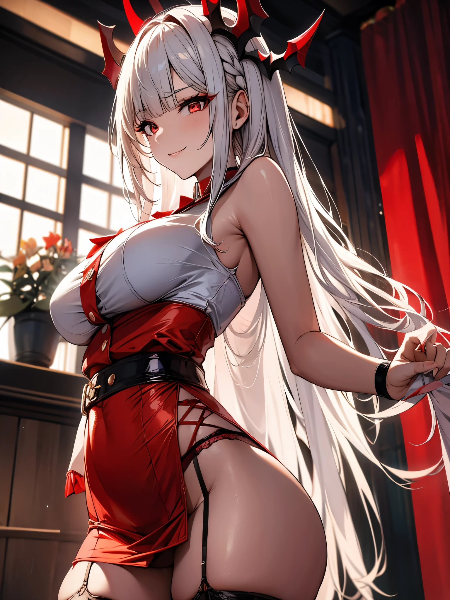 Chisato, 1Demongirl, bangs, indoor, long hair, white hair, demonic smile, solo, standing, sexy pose, mediun breast, big ass, pernas grossas, red uniform, garter straps, stocking, hands behind, red side ribbon, social vestes,
