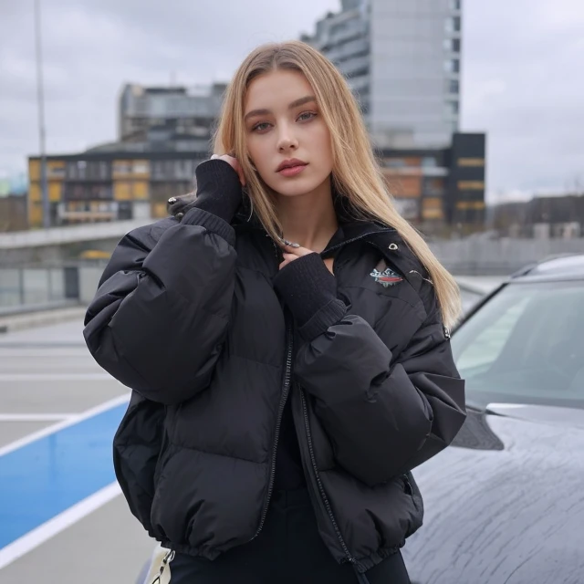 une femme vêtue d'une veste noire et d'un pantalon noir debout à côté d'une voiture, model wears a Veste de pompe, nina trygvadottir, Anna Nikonova alias Newmilky, Dasha Taran, Veste de pompe, froid comme la glace! 🧊, elle porte du streetwear, inspiré par Louisa Matthíasdóttir, femme en streetwear