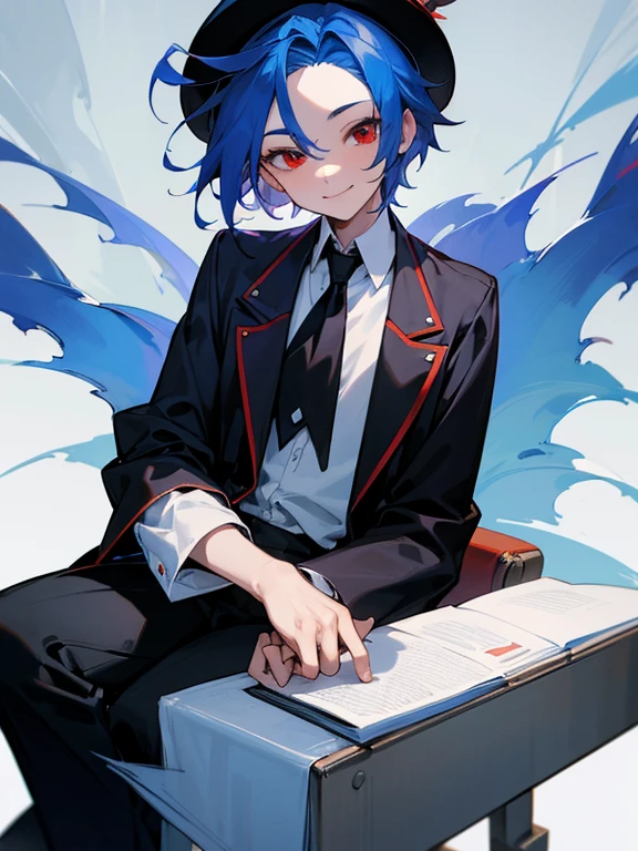 masterpiece, best quality, ultra detailed, 1boy, magician, black jacket, white shirt, silk hat, blue hair, short hair, stingy hair, forehead, red eyes, fearless smile, sitting