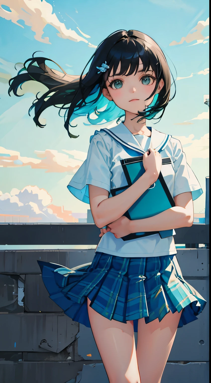 The wind is blowing，(child)，（masterpiece，Top quality)，Turquoise pleated  with blue-green plaid pattern，short sleeve，black hair，Summer Classroom，high socks