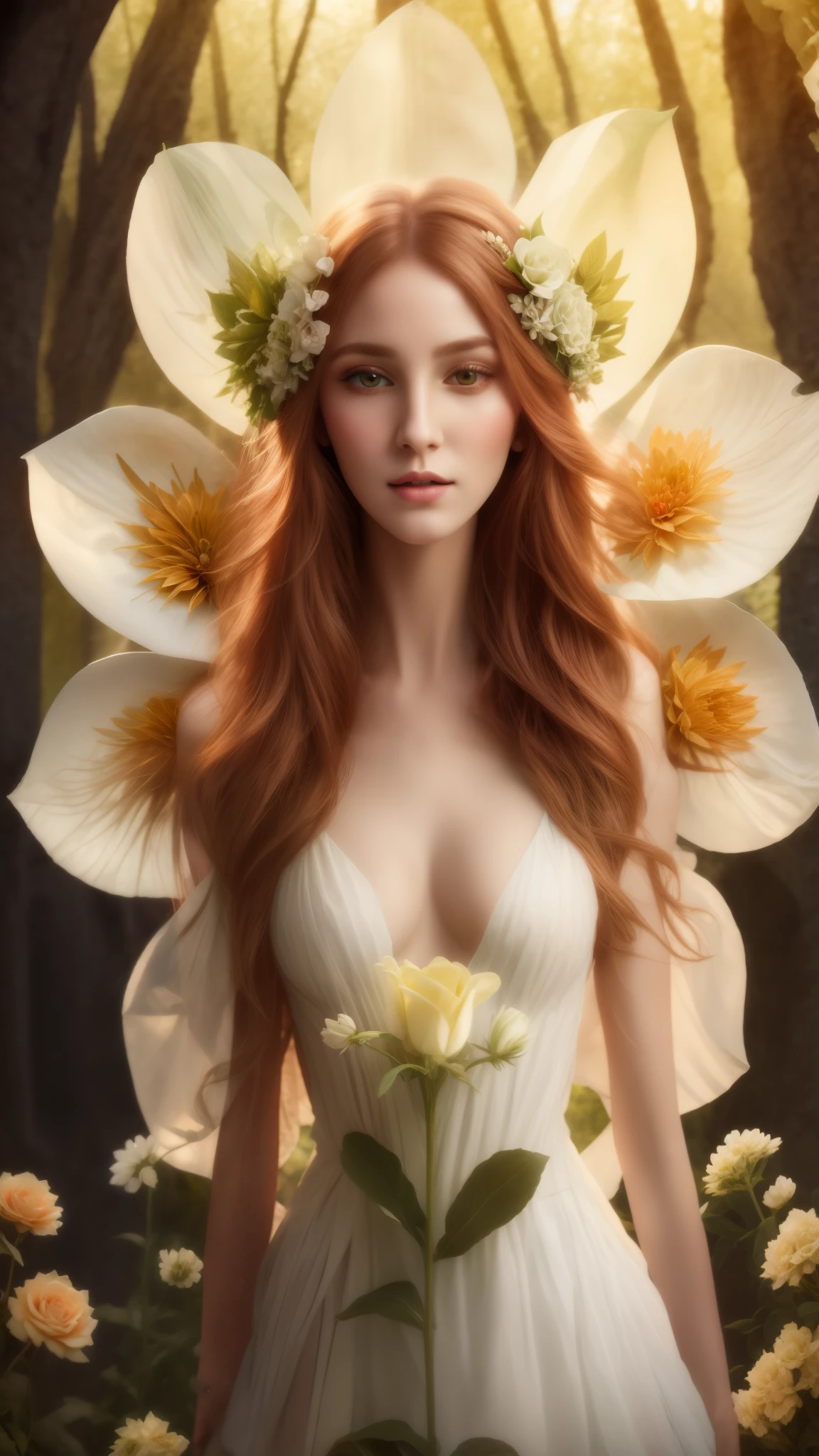 Very dark space, a beautiful 3d crystal Female sculpture made of white pore fungi, morning glory flower, boho floral vines, murano round colored crystal colossal breasted orange-haired Female, yellow hibiscus flower, top lit, octane render, soft lighting, ultra detailed, 8 k, trending in artstation, gallery piece by barbara hepworth ,all made of crystal, realistic, masterpiece
