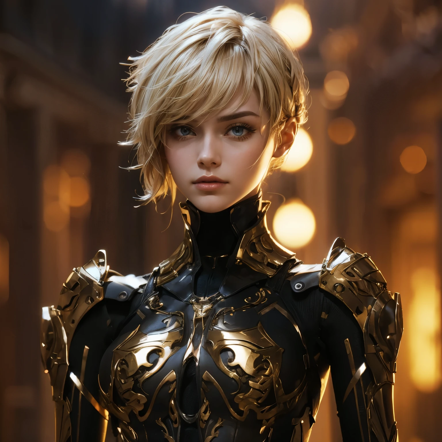 Superhero beauty young girl (((golden hair highlights::1))) in sci-fi suit steel tatical armor