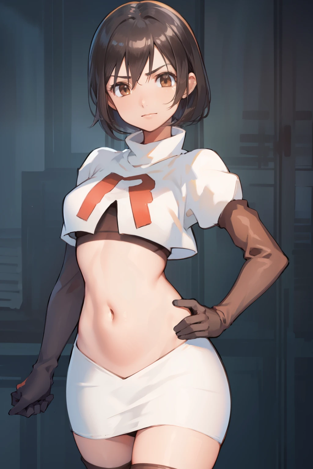 yuffiekisaragi, yuffie kisaragi, (black hair:1.5), (brown eyes:1.7), short hair, forehead protector, headband, navel,
cowboy shot, looking at viewer,
(masterpiece:1.2), best quality, high resolution, unity 8k wallpaper, (illustration:0.8), (beautiful detailed eyes:1.6), extremely detailed face, perfect lighting, extremely detailed CG, (perfect hands, perfect anatomy),team rocket,team rocket uniform, red letter R, white skirt,white crop top,black thigh-highs, black elbow gloves,